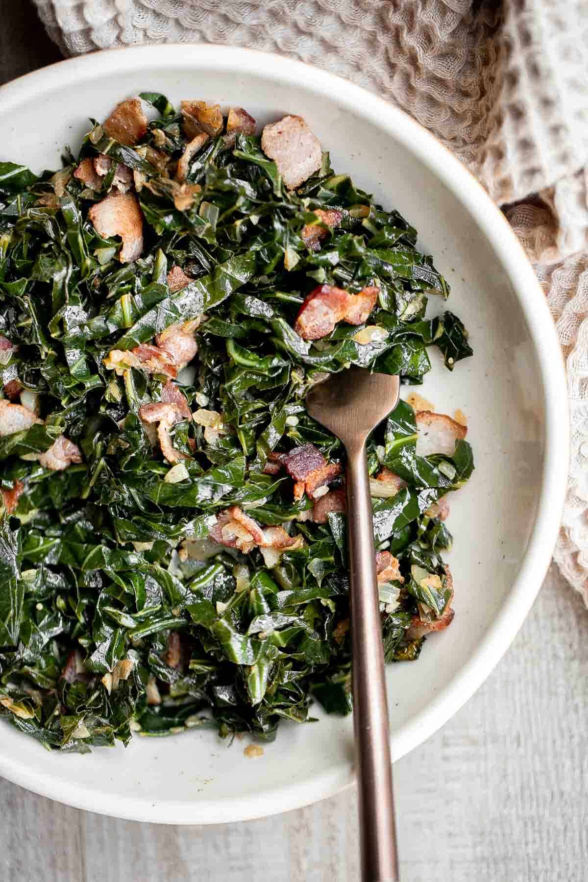 Collard greens with bacon is a flavorful, delicious, and healthy side dish that is quick to make in 25 minutes. A stress-free holiday side for Christmas. | aheadofthyme.com