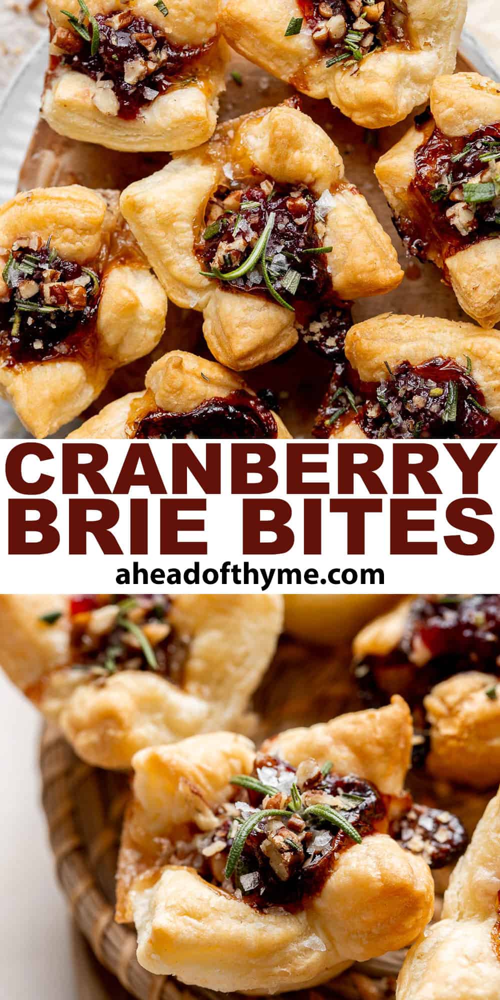 Cranberry Brie Bites are quick and easy to make with flaky puff pastry, gooey melty brie, and sweet cranberry sauce. The perfect holiday appetizer. | aheadofthyme.com