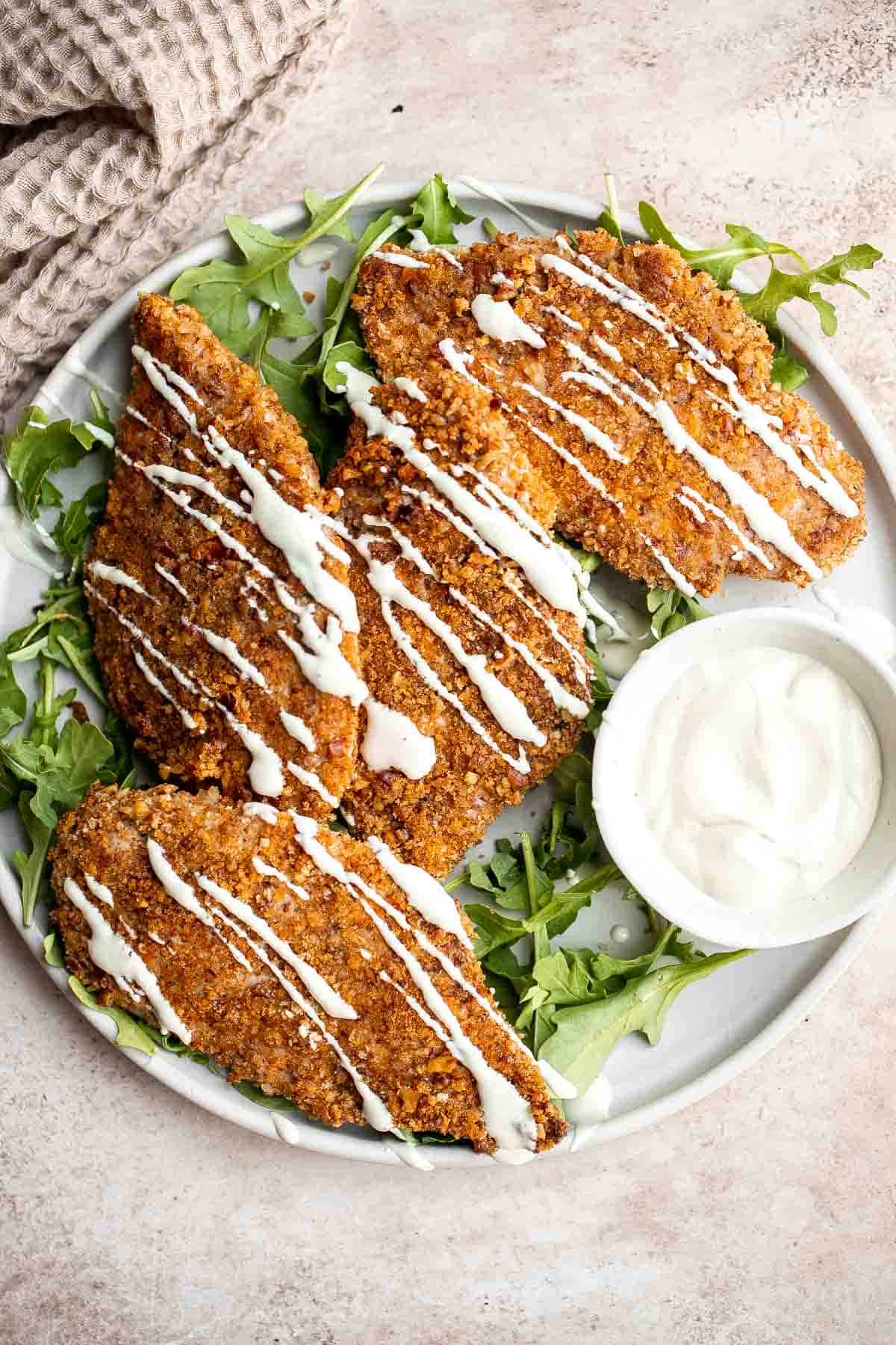 Pecan Crusted Chicken is a simple, delicious, and flavorful, quick and easy dinner ready in 40 minutes that can be baked in the oven or air fryer. | aheadofthyme.com