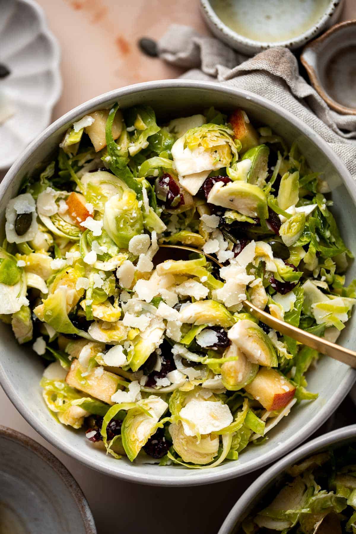 Shaved Brussels Sprout Salad is a delicious fall salad packed with fresh sprouts, apples, cranberries, and crunchy seeds, tossed in a homemade vinaigrette. | aheadofthyme.com