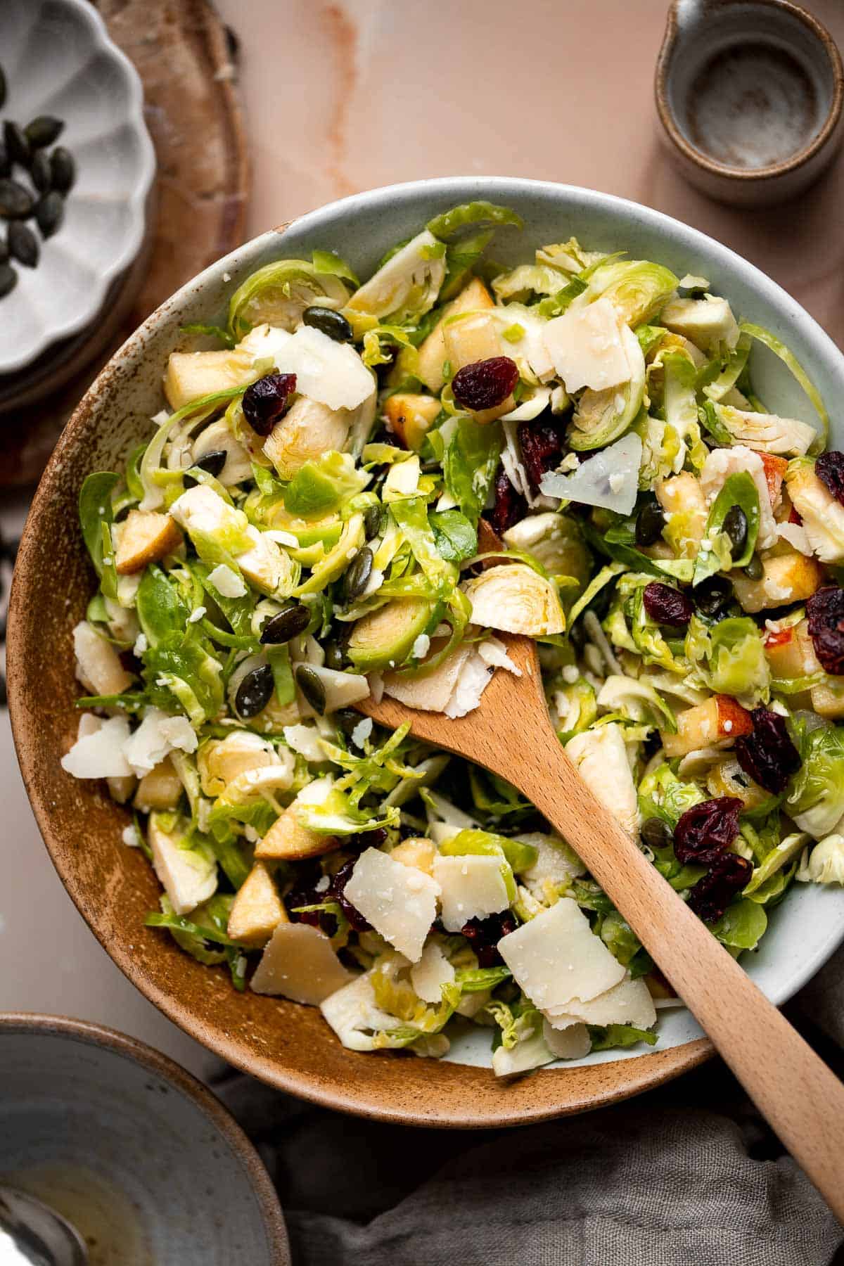 Shaved Brussels Sprout Salad is a delicious fall salad packed with fresh sprouts, apples, cranberries, and crunchy seeds, tossed in a homemade vinaigrette. | aheadofthyme.com