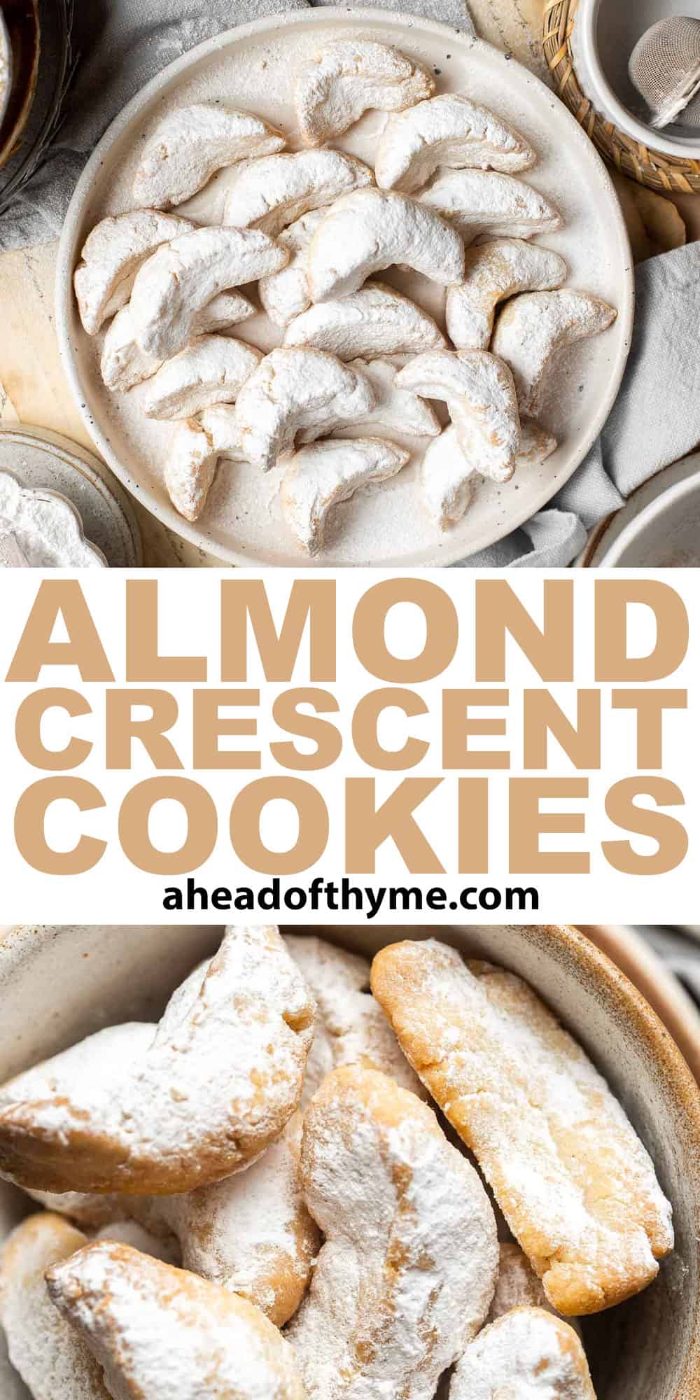 Almond Crescent Cookies are delicious and crumbly half-moon shaped cookies with a fragrant, sweet almond flavor and a delicate dusting of powdered sugar. | aheadofthyme.com