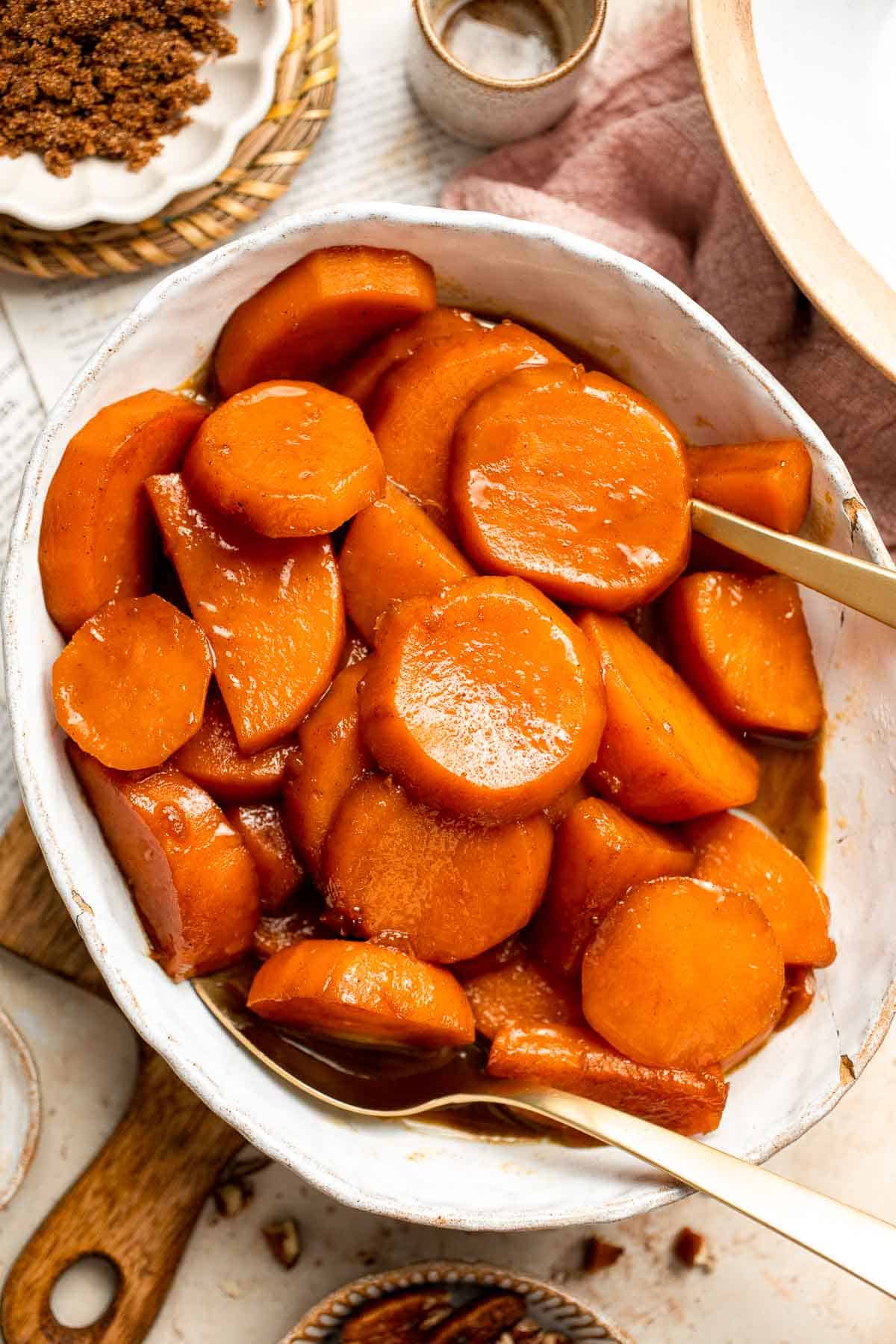 Stovetop Candied Yams are tender, buttery, tangy, and sweet with a delicious brown sugar glaze. This simple Thanksgiving side dish is quick and easy! | aheadofthyme.com