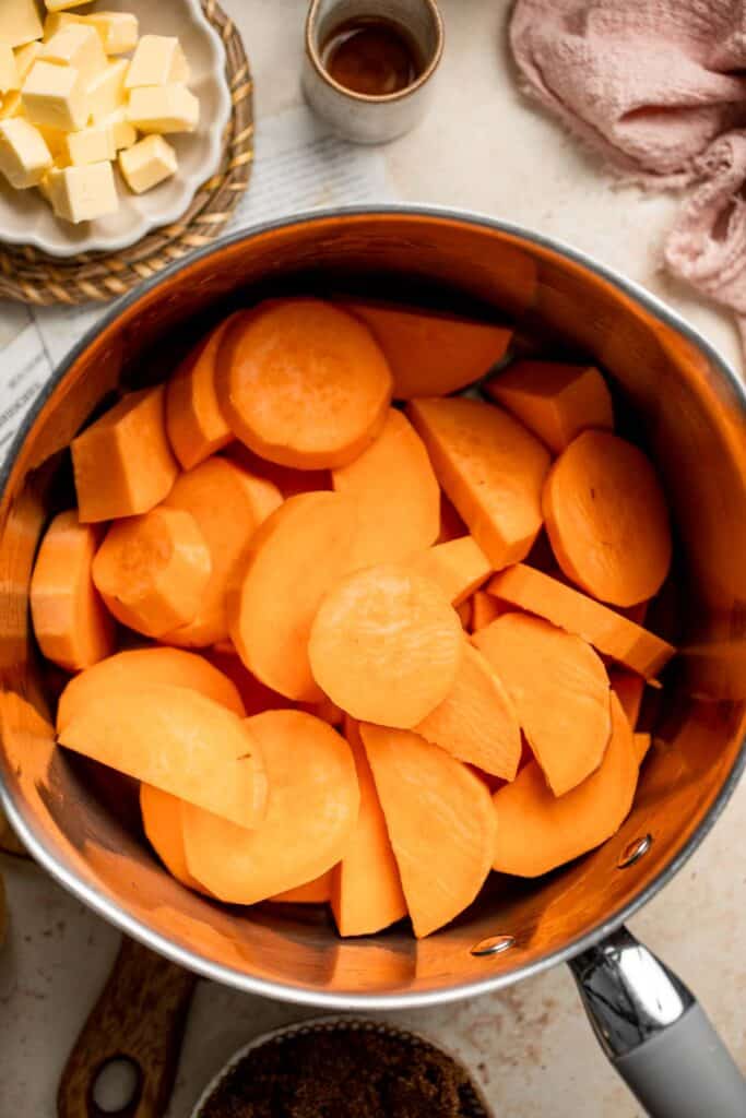 Stovetop Candied Yams are tender, buttery, tangy, and sweet with a delicious brown sugar glaze. This simple Thanksgiving side dish is quick and easy! | aheadofthyme.com