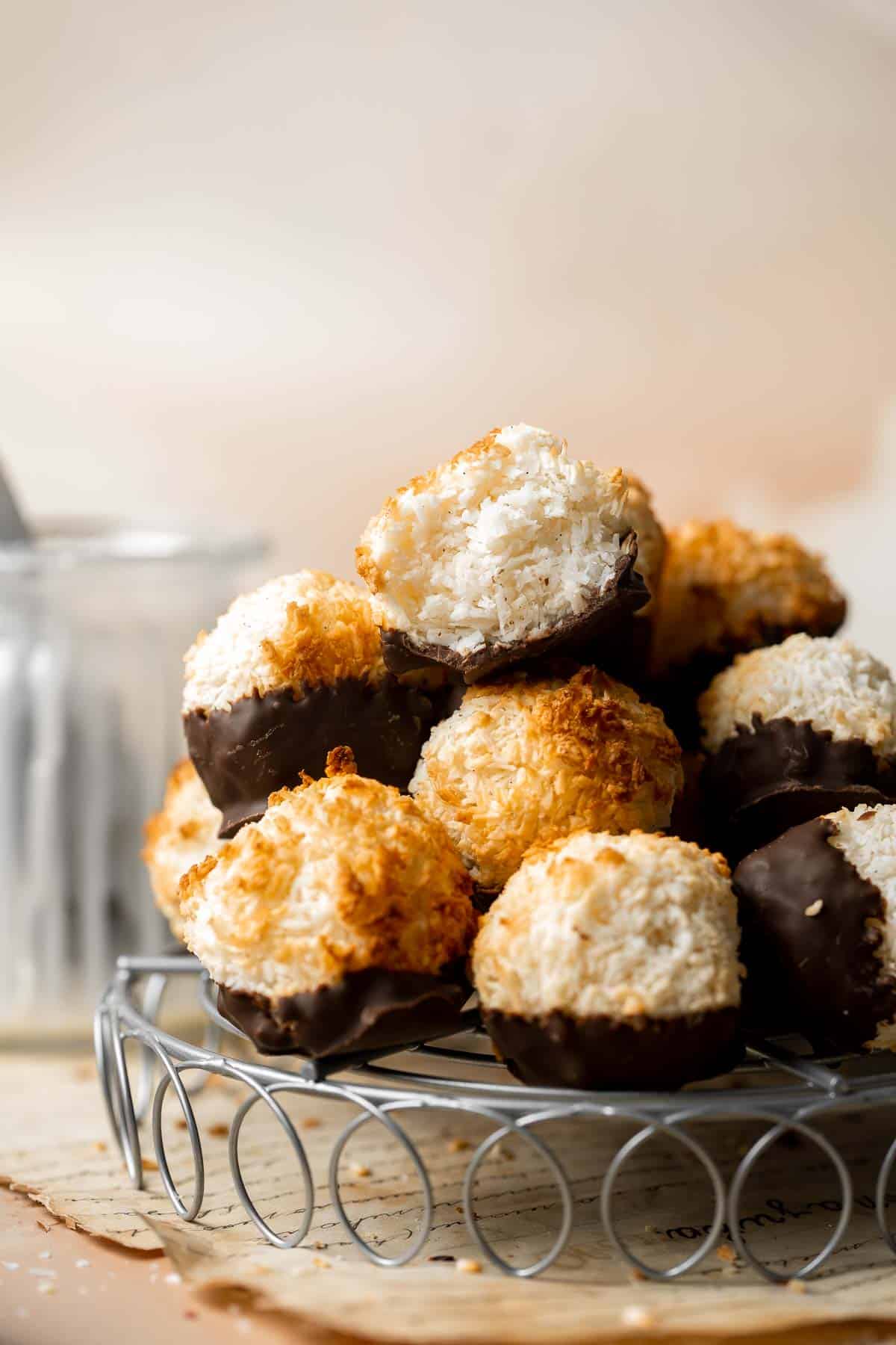 Coconut macaroons are crispy on the outside with a soft and chewy center. Dip or drizzle with chocolate for an even more delicious flavor combo. | aheadofthyme.com