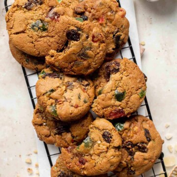 Fruitcake Cookies take all the best parts of fruitcake and turn it into cookie form. They’re soft, chewy, and thick holiday cookies with crisp edges. | aheadofthyme.com