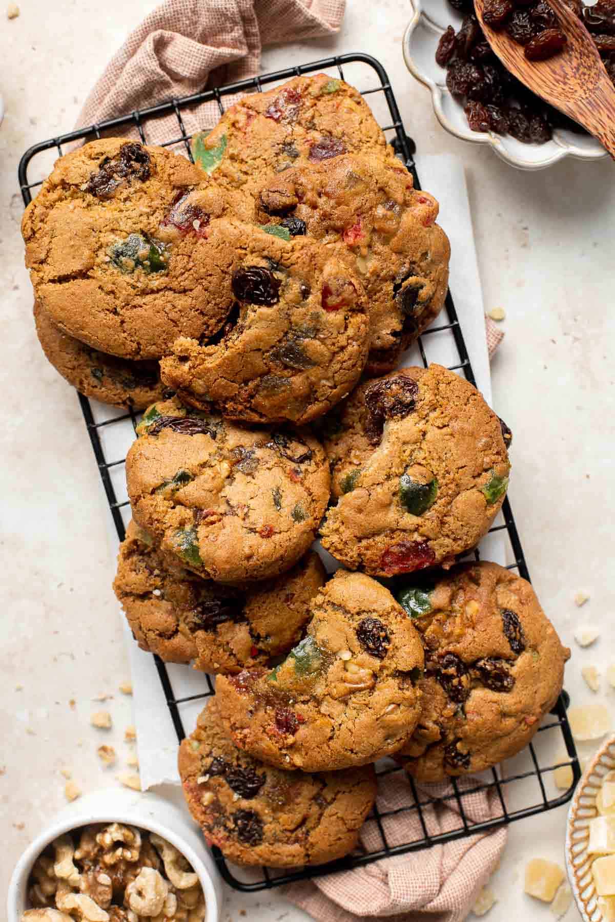 Fruitcake Cookies take all the best parts of fruitcake and turn it into cookie form. They’re soft, chewy, and thick holiday cookies with crisp edges. | aheadofthyme.com