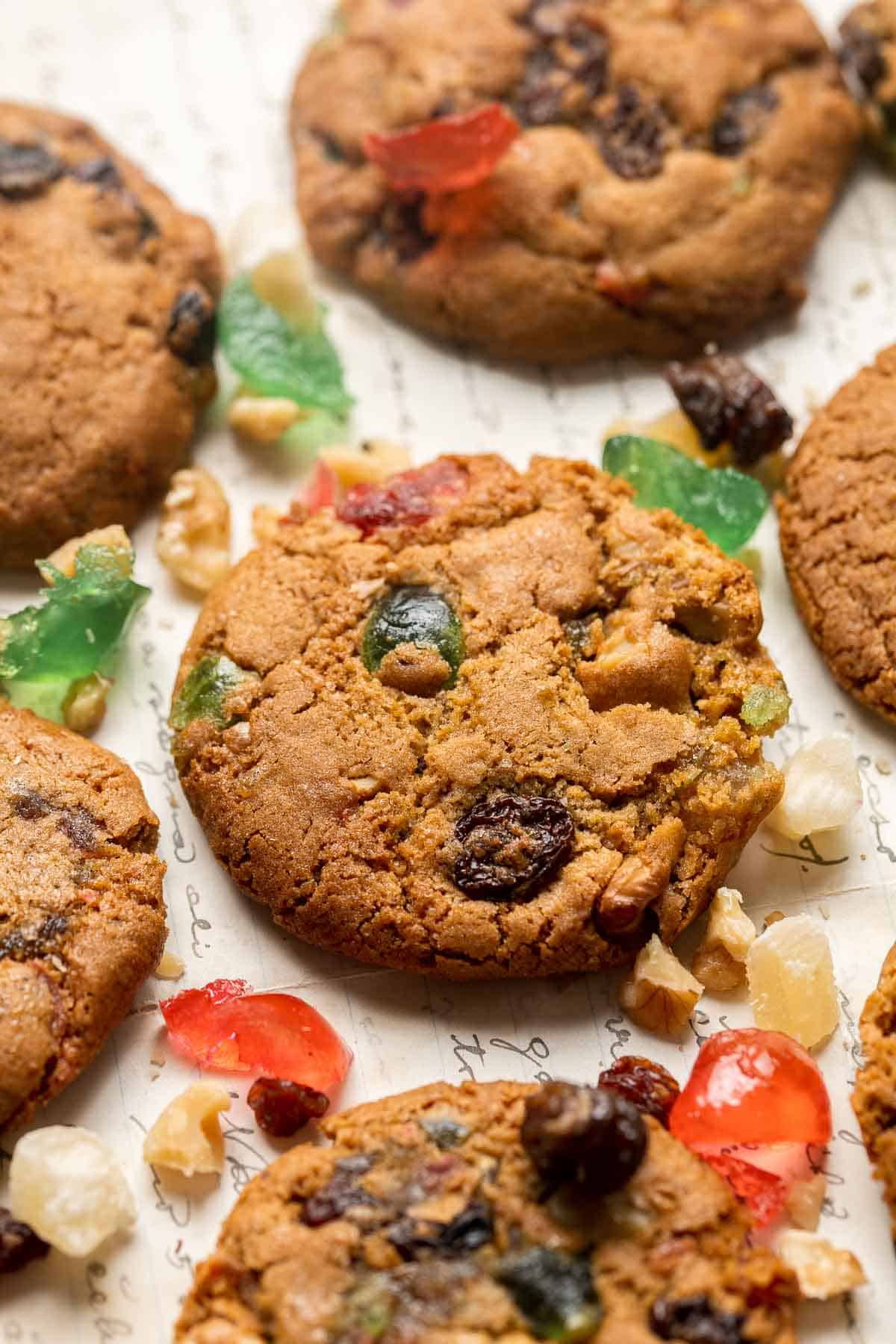 Fruitcake Cookies take all the best parts of fruitcake and turn it into cookie form. They’re soft, chewy, and thick holiday cookies with crisp edges. | aheadofthyme.com