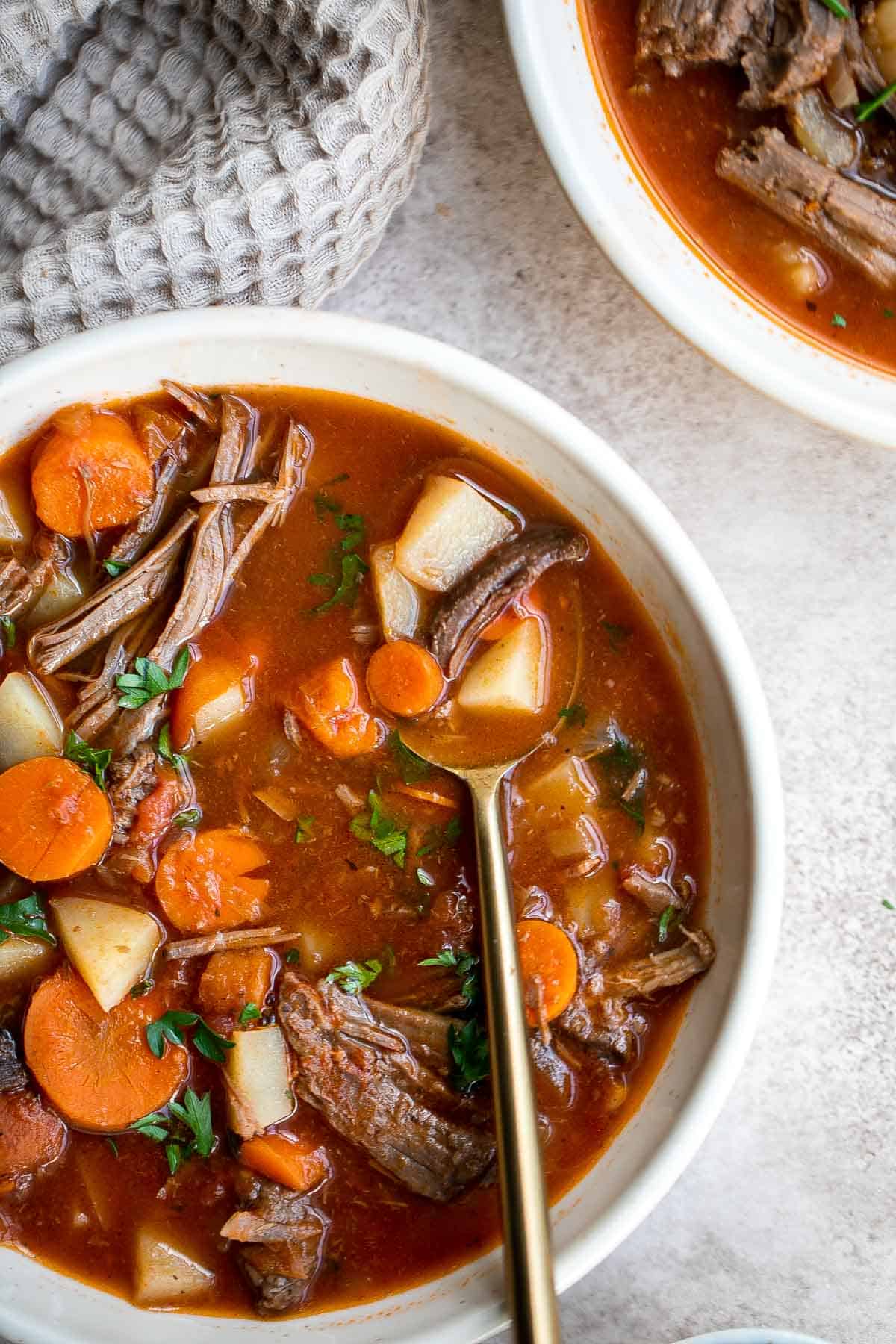 This easy Pot Roast Soup is made in 30 minutes with leftover beef and veggies simmered in broth. It’s hearty, flavorful, and nourishing comfort food. | aheadofthyme.com