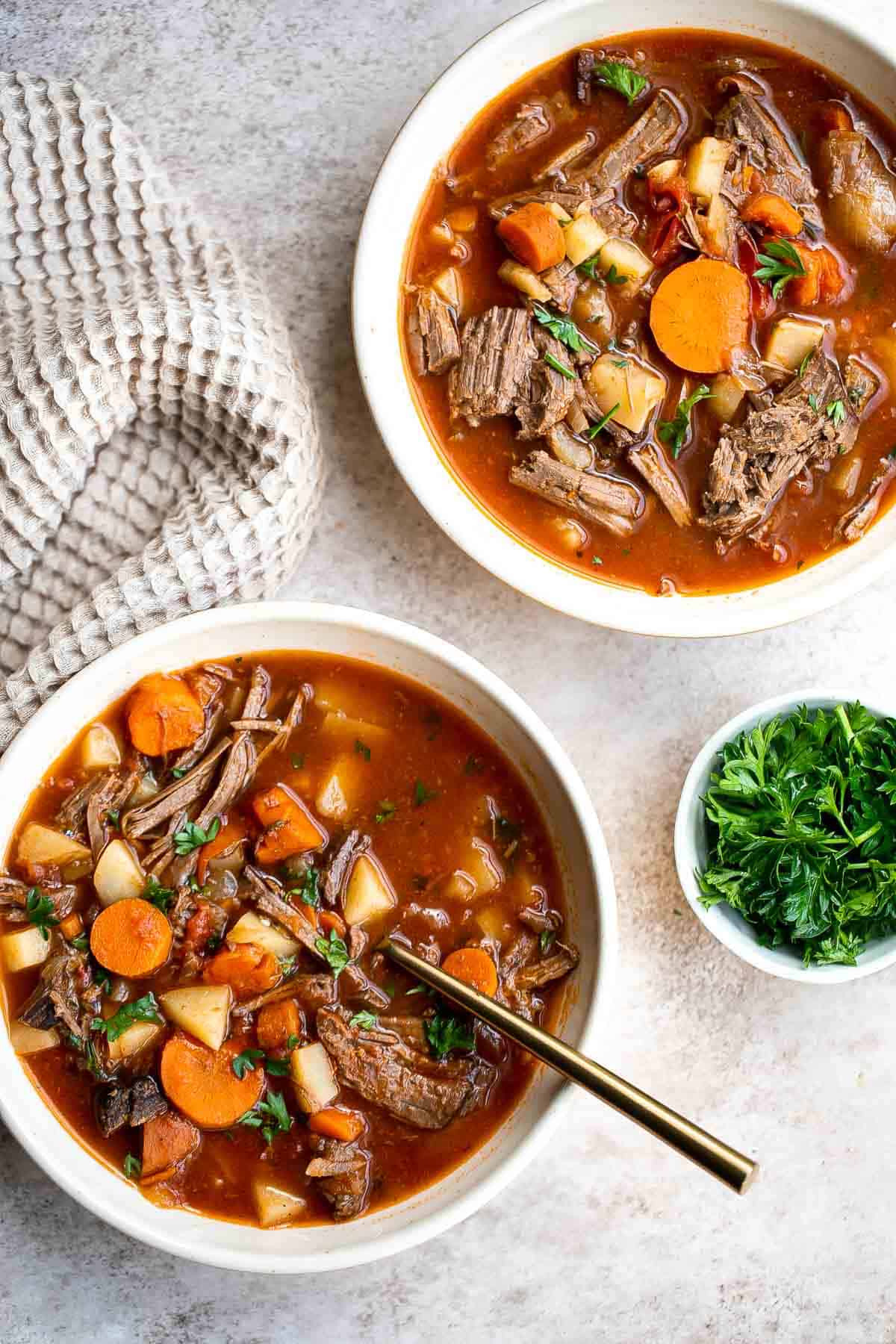 This easy Pot Roast Soup is made in 30 minutes with leftover beef and veggies simmered in broth. It’s hearty, flavorful, and nourishing comfort food. | aheadofthyme.com