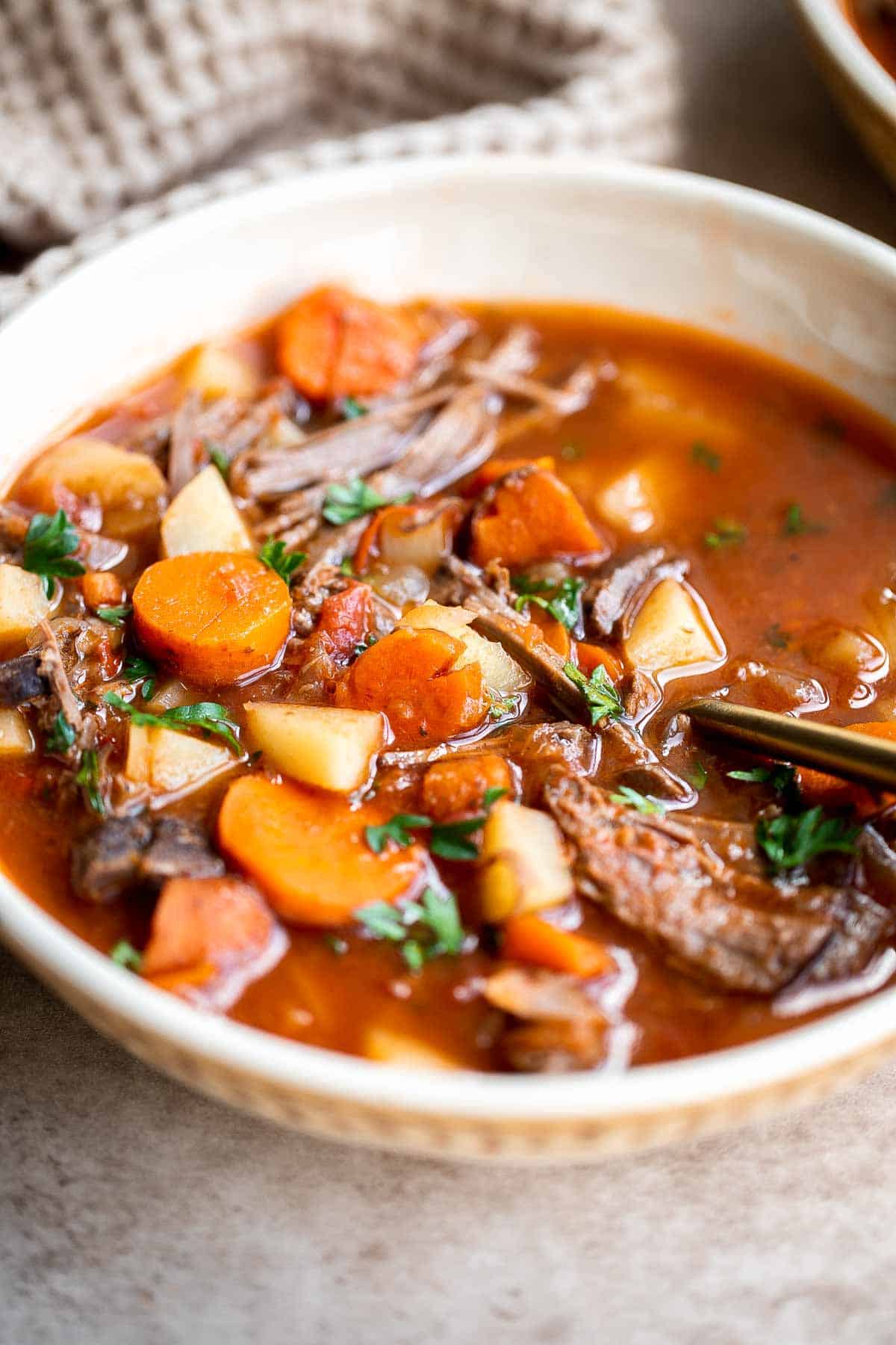 This easy Pot Roast Soup is made in 30 minutes with leftover beef and veggies simmered in broth. It’s hearty, flavorful, and nourishing comfort food. | aheadofthyme.com