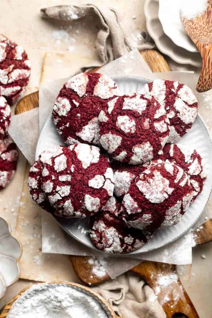 Red Velvet Crinkle Cookies are a soft, tender, and chewy Christmas cookie that is easy to make with no chilling required. The perfect holiday cookie! | aheadofthyme.com