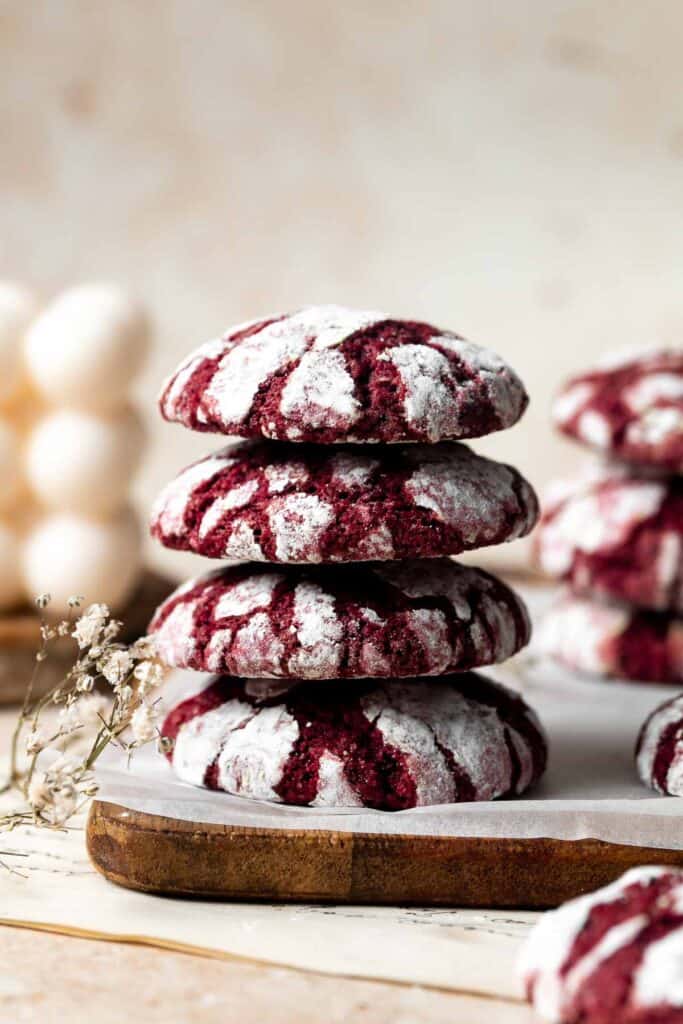 Red Velvet Crinkle Cookies are a soft, tender, and chewy Christmas cookie that is easy to make with no chilling required. The perfect holiday cookie! | aheadofthyme.com