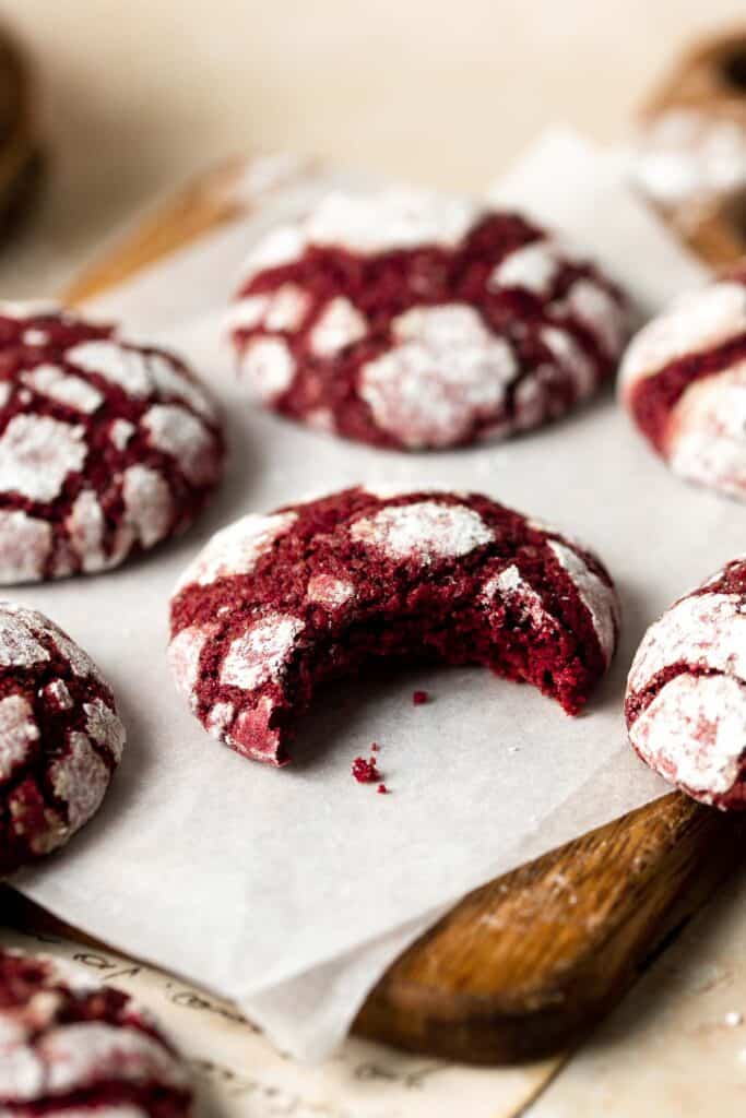 Red Velvet Crinkle Cookies are a soft, tender, and chewy Christmas cookie that is easy to make with no chilling required. The perfect holiday cookie! | aheadofthyme.com