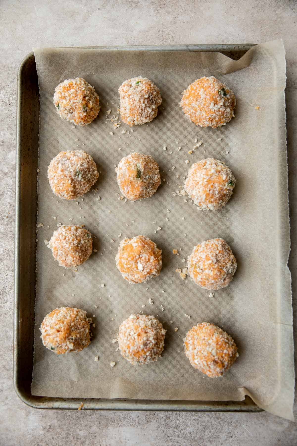 Sweet Potato Croquettes are delicious, flavorful, savory balls of mashed sweet potatoes, cheese, and seasoning — crisp outside and soft and tender inside. | aheadofthyme.com