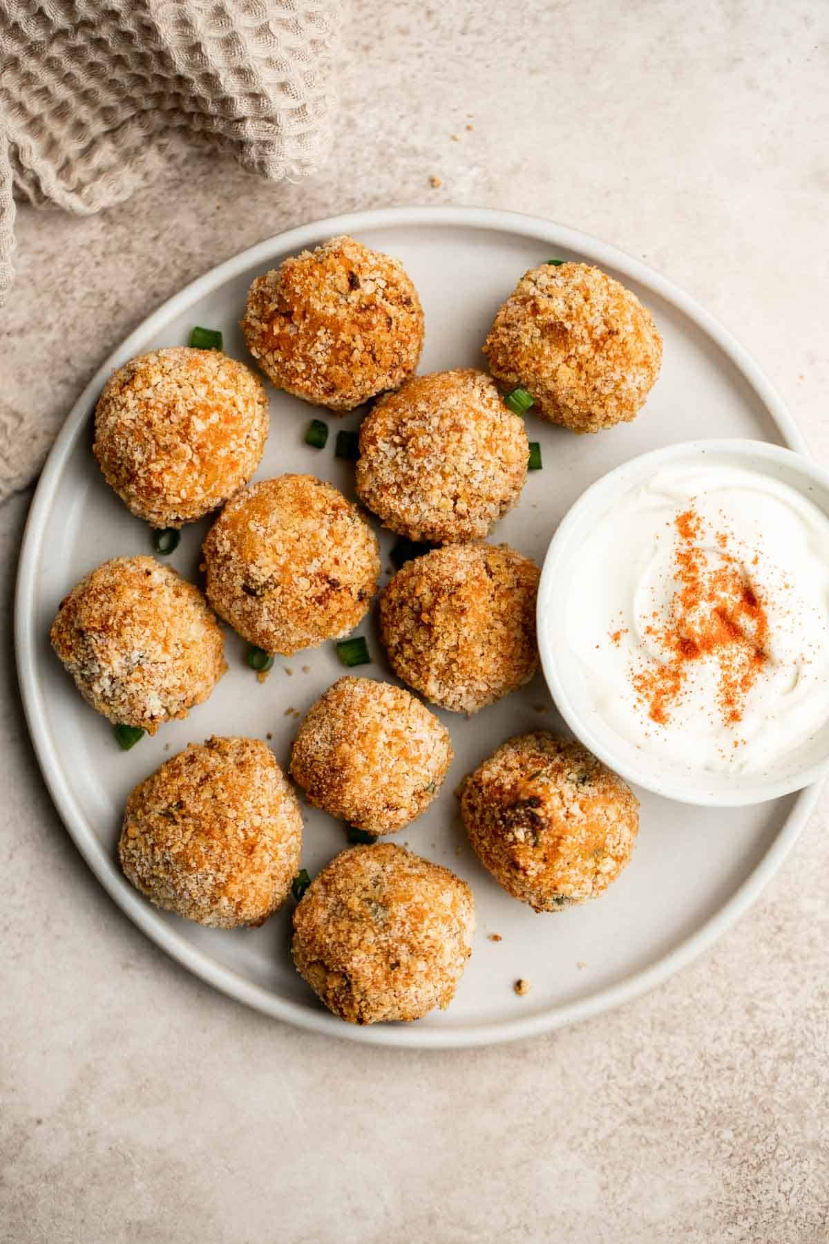 Sweet Potato Croquettes are delicious, flavorful, savory balls of mashed sweet potatoes, cheese, and seasoning — crisp outside and soft and tender inside. | aheadofthyme.com