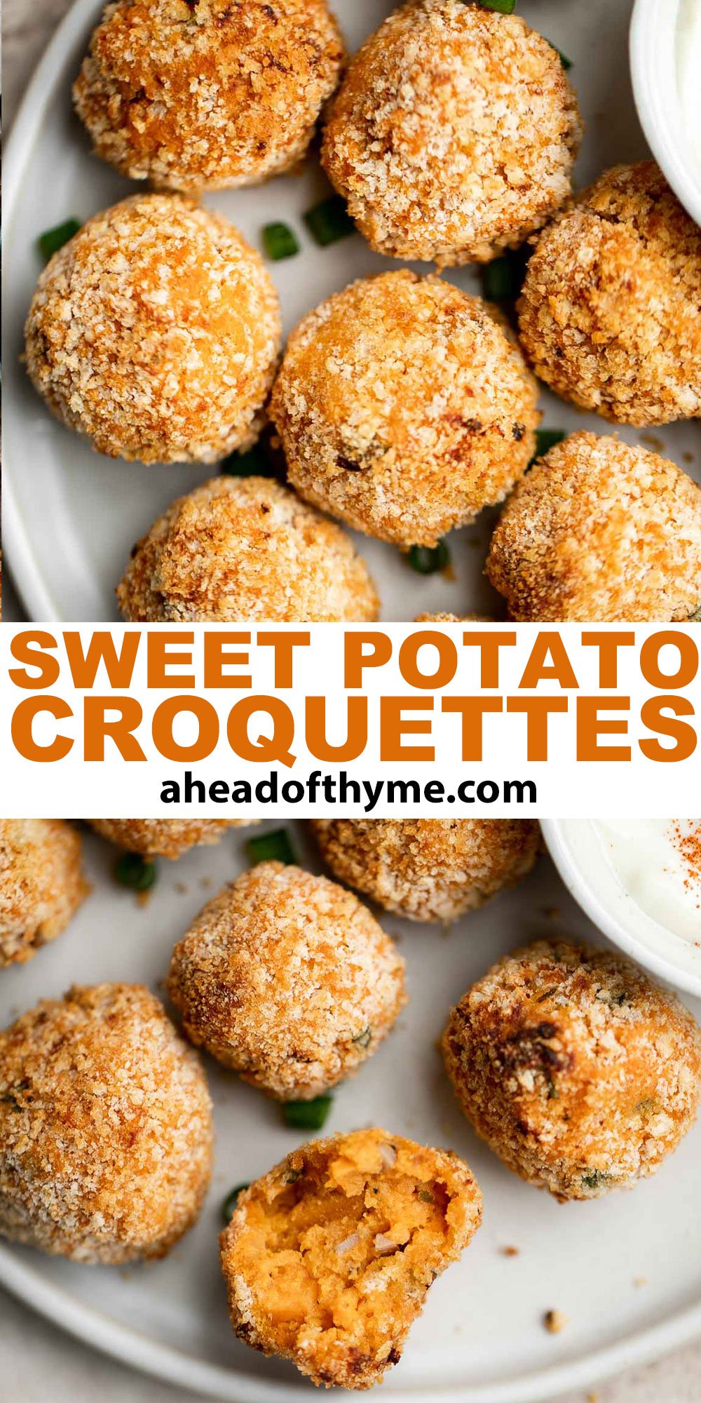 Sweet Potato Croquettes are delicious, flavorful, savory balls of mashed sweet potatoes, cheese, and seasoning — crisp outside and soft and tender inside. | aheadofthyme.com