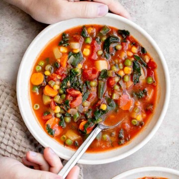 Vegetable Soup is a hearty, vegan soup that is delicious, flavorful, and easy to make. It’s loaded with all kinds of veggies in a savory broth. | aheadofthyme.com