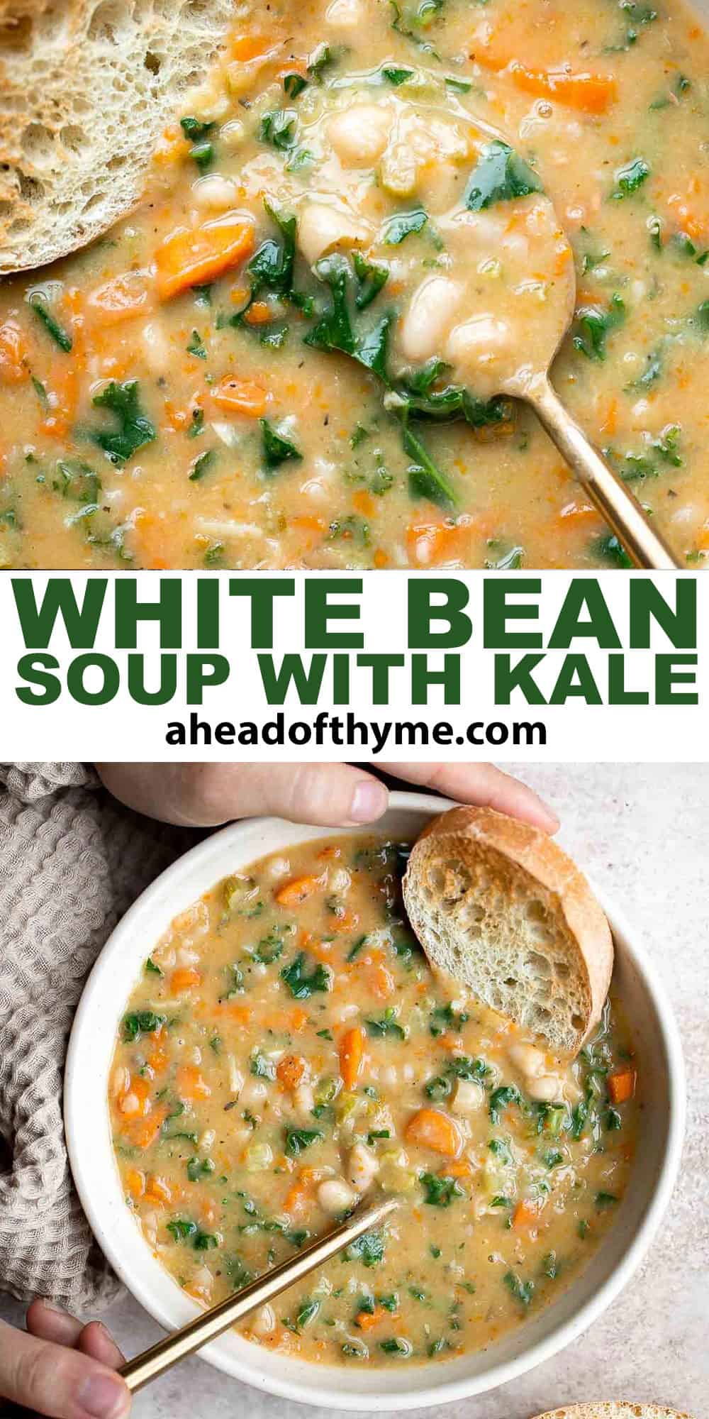 White Bean Soup with Kale is a hearty and nourishing one-pot meal that is flavorful and easy. Make this healthy soup in 30 minutes using simple ingredients. | aheadofthyme.com