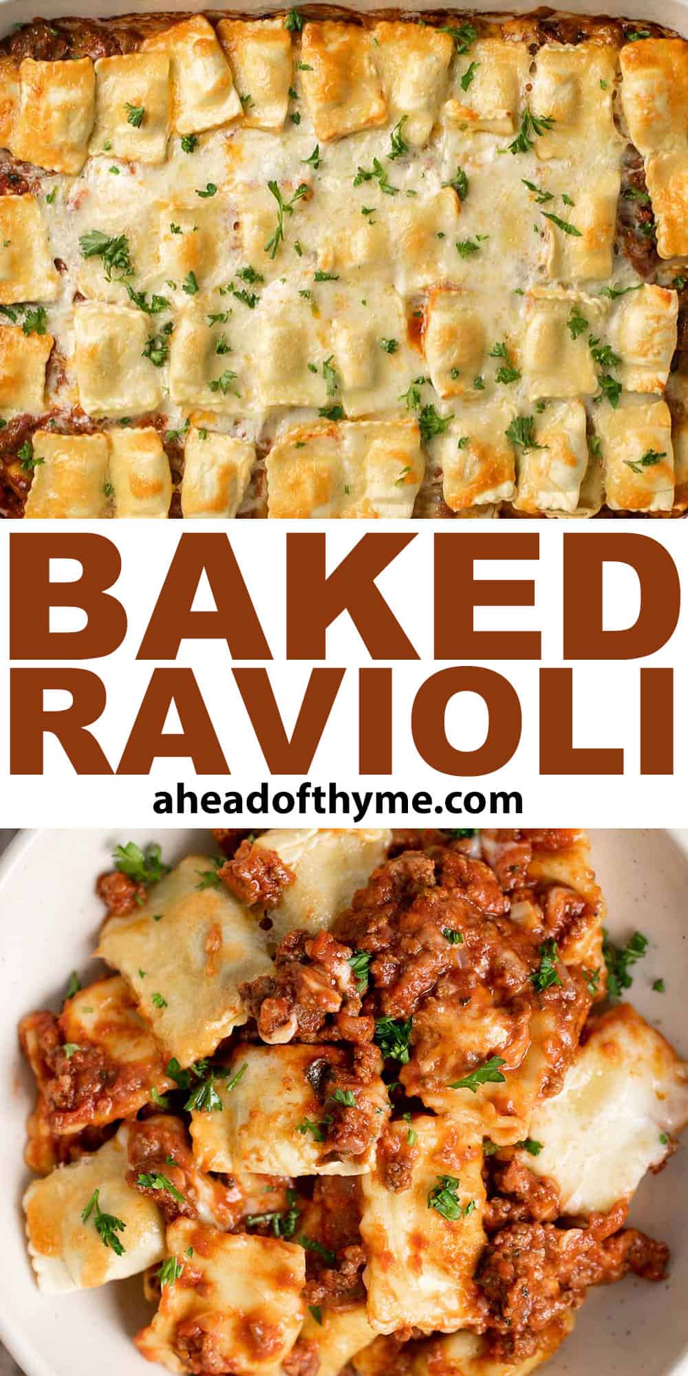 Baked Ravioli is simple delicious comfort food that is perfect for a weeknight family dinner or for entertaining. It's hearty, comforting, and kid-friendly. | aheadofthyme.com