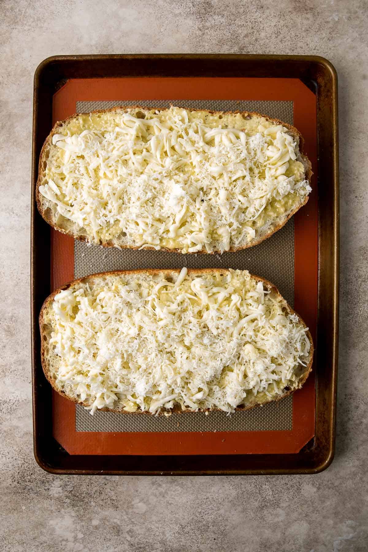 Cheesy Garlic Bread is toasty and crispy on the outside, tender and soft inside with a garlic butter and melty cheese on top. Make in under 20 minutes! | aheadofthyme.com