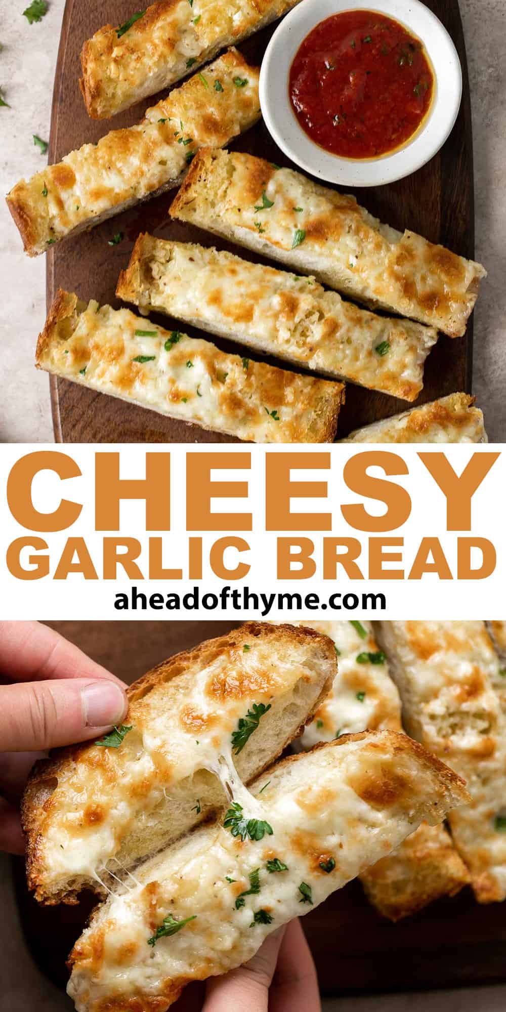 Cheesy Garlic Bread is toasty and crispy on the outside, tender and soft inside with a garlic butter and melty cheese on top. Make in under 20 minutes! | aheadofthyme.com