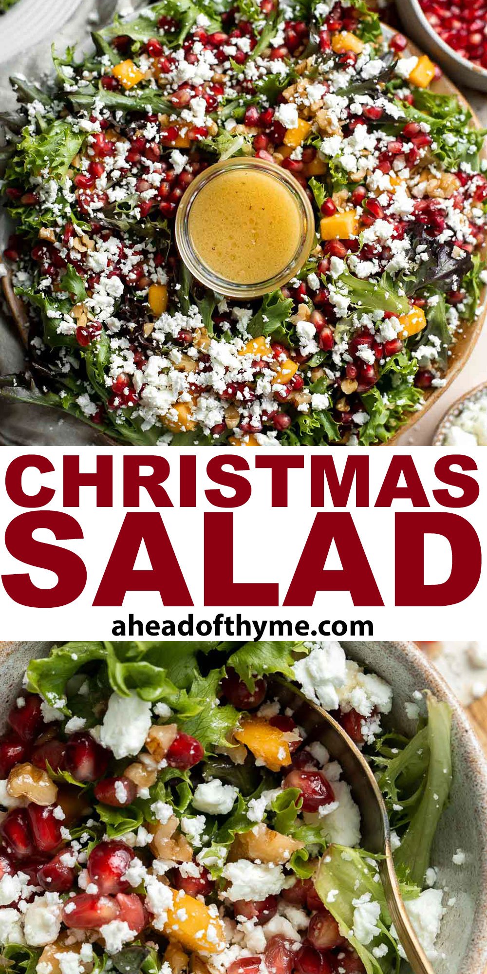 This fresh and festive Christmas Salad is made with delicious winter fruits and has a gorgeous wreath-like appearance. It’s earthy, sweet, nutty, and tangy. | aheadofthyme.com