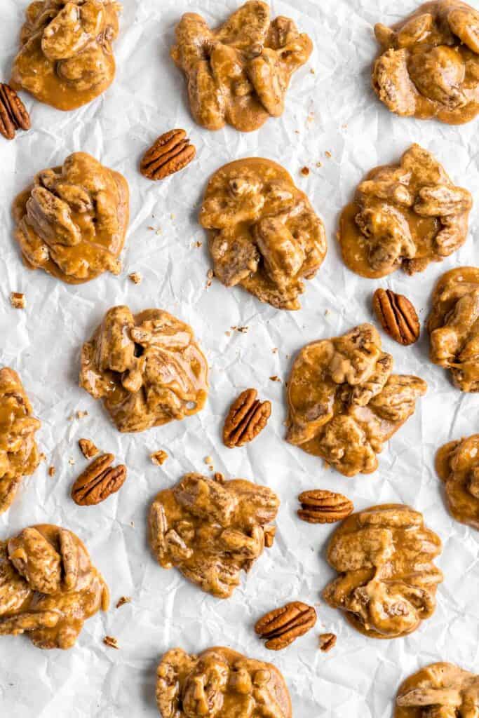 Pecan Pralines are sweet, rich, nutty, and crunchy candies that are so quick and easy to make. Make these melt-in-your-mouth Southern treats in 20 minutes. | aheadofthyme.com