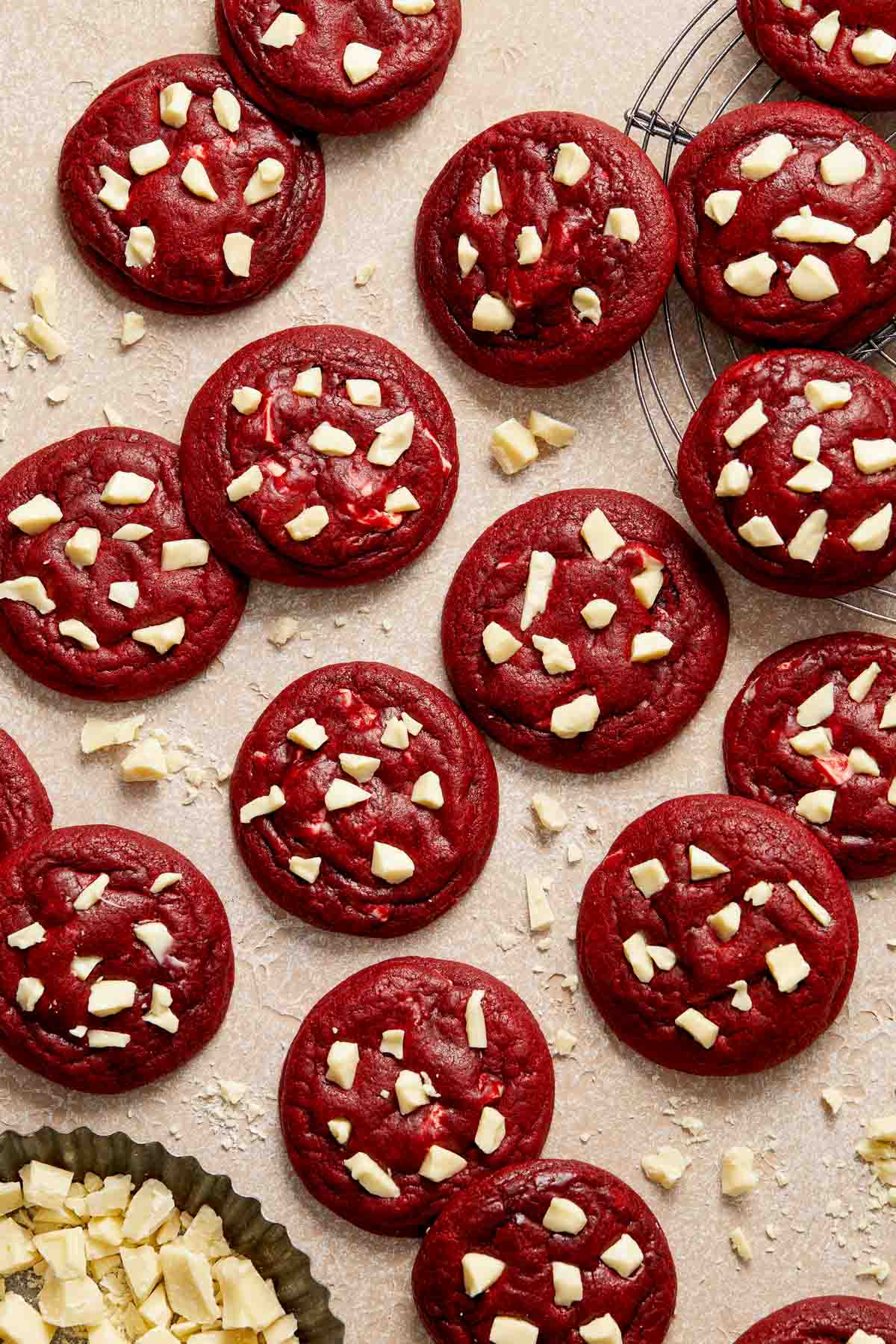 Red Velvet Cookies with white chocolate are moist and chewy, deliciously chocolatey with a cake-like texture, and are striking red. Ready in 20 minutes! | aheadofthyme.com