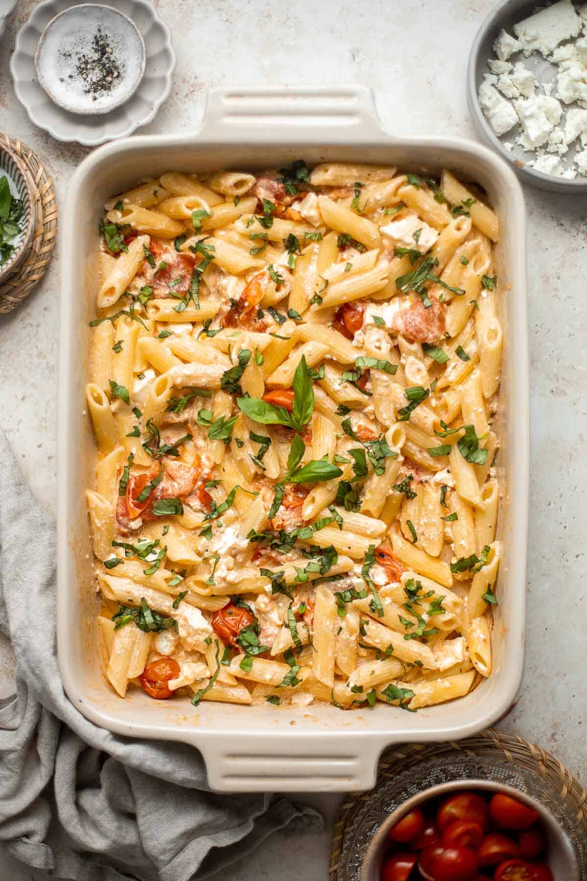 Baked Feta Pasta is a quick and easy weeknight dinner recipe that is creamy, delicious, and flavorful — the whole family will love this Tiktok pasta! | aheadofthyme.com