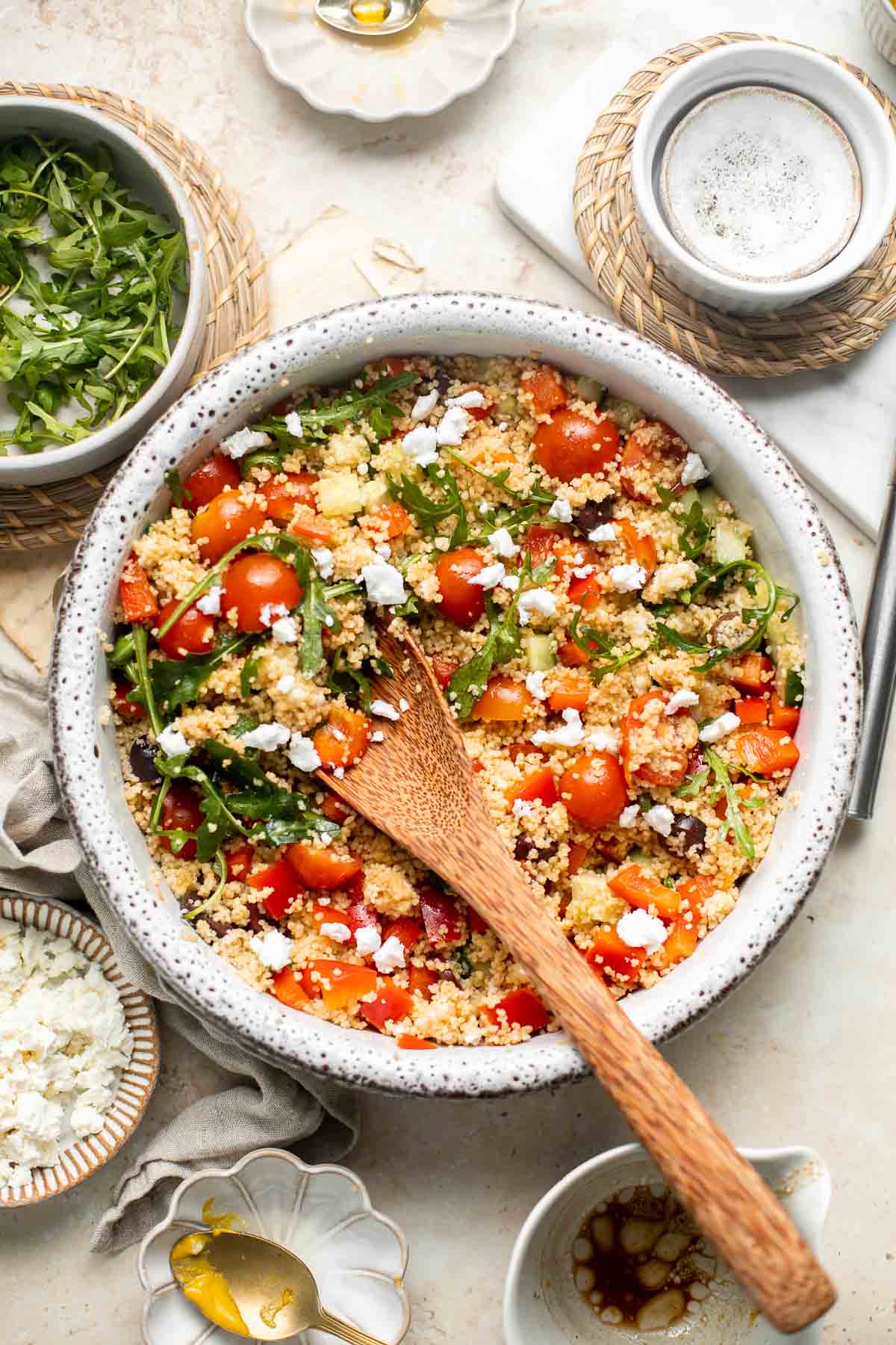 Mediterranean Couscous Salad is healthy, flavorful, and easy to make. It's packed with classic ingredients including couscous, fresh veggies, and feta. | aheadofthyme.com