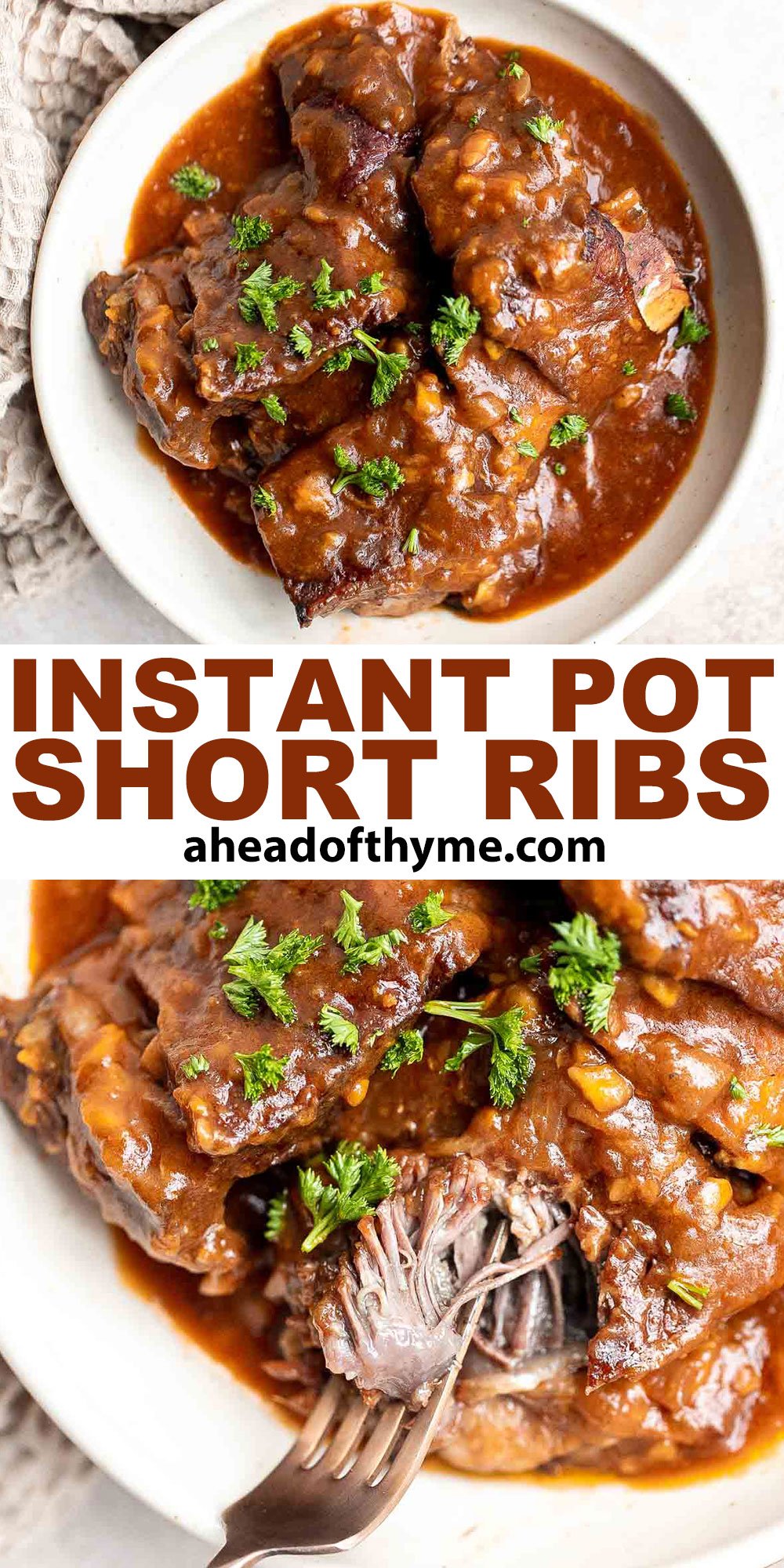 Instant Pot Short Ribs are rich, tender, and delicious. These short ribs fall-off-the-bone after being braised in a red wine broth in the pressure cooker. | aheadofthyme.com