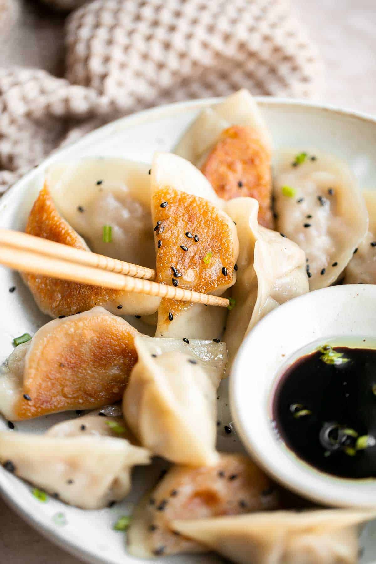 Kimchi Dumplings are savory, delicious, and flavorful. These Korean-inspired dumplings get seared and steamed to create classic crispy bottom potstickers. | aheadofthyme.com
