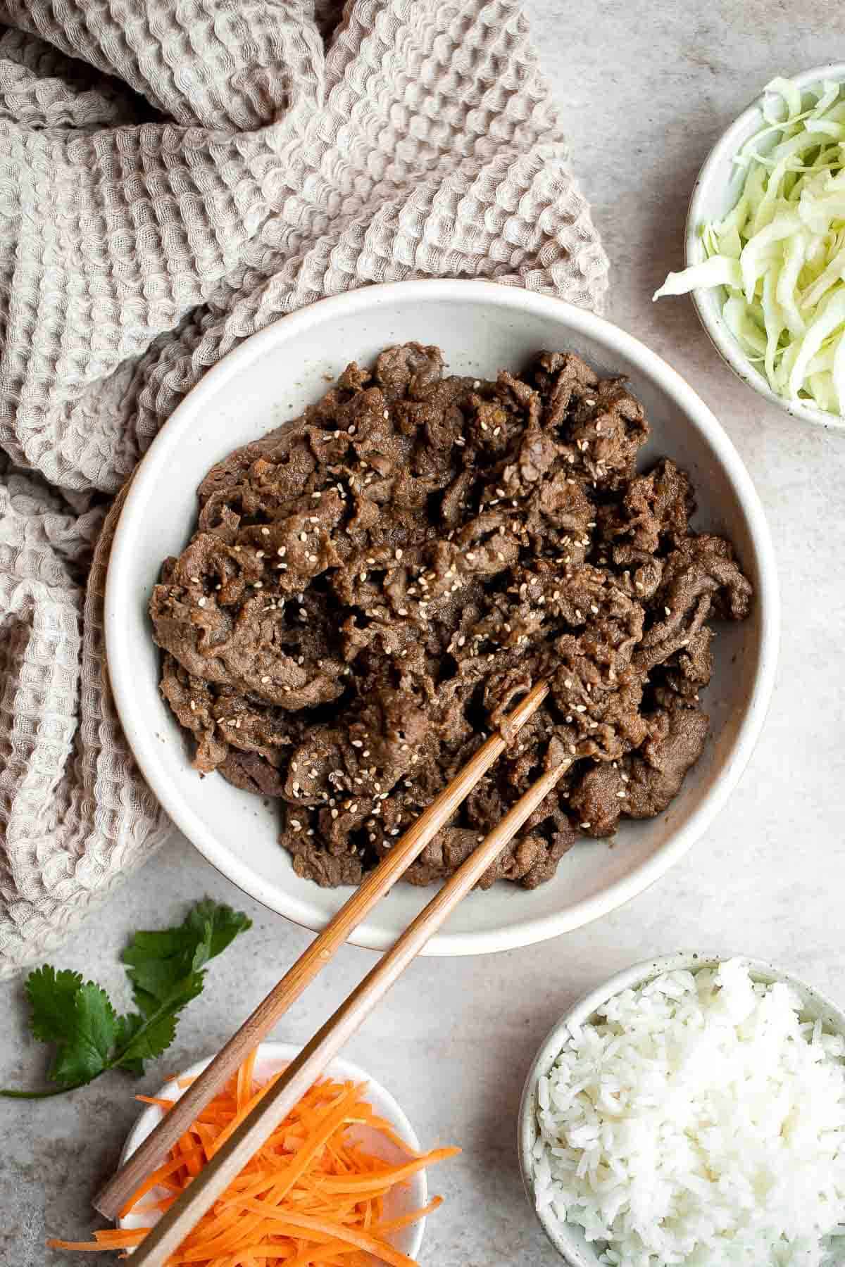 Korean Beef Bulgogi is a tasty, quick and easy 30-minute meal made with thinly sliced beef marinated in a delicious sweet and savory garlic soy sauce. | aheadofthyme.com