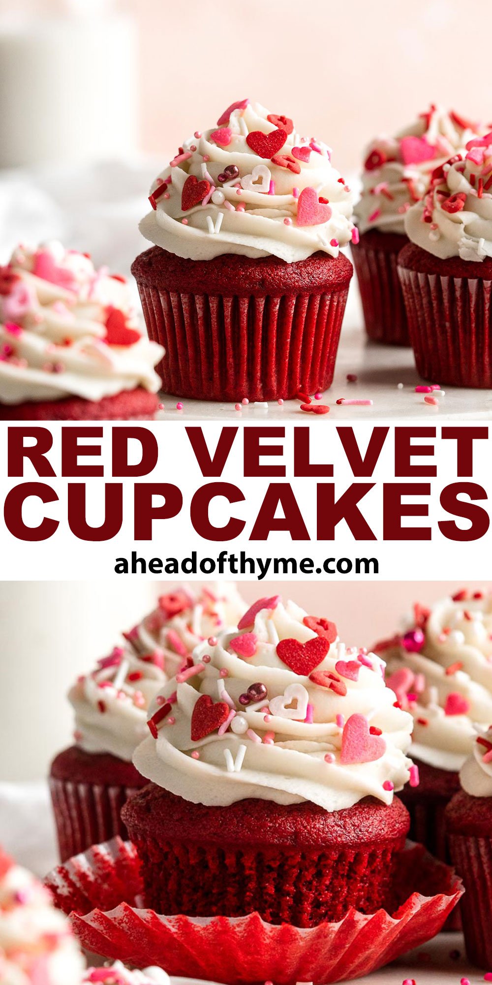 These Red Velvet Cupcakes with cream cheese frosting are delicious, moist, rich, and perfectly sweet. Top these Valentine’s cupcakes with festive sprinkles. | aheadofthyme.com