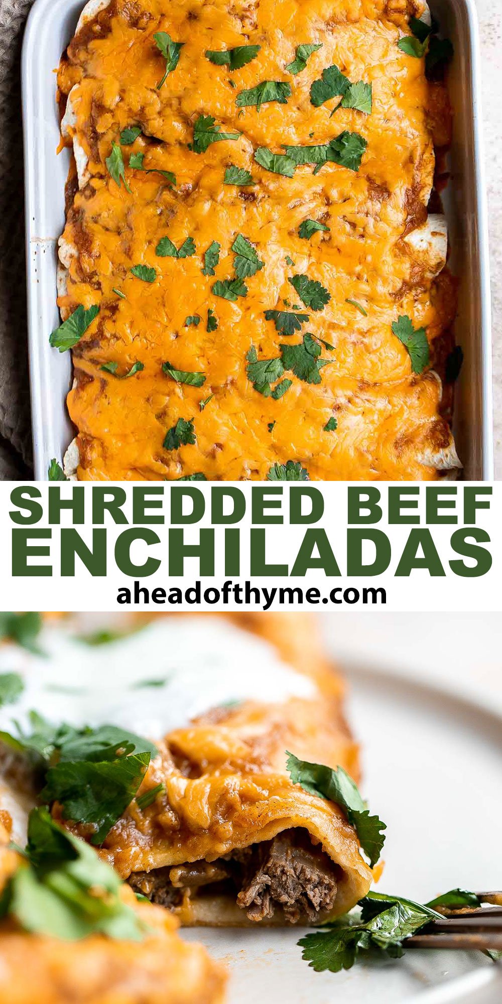 Shredded Beef Enchiladas are flavorful, saucy, and cheesy. They are easy to make for family dinner using just a few ingredients including leftover beef. | aheadofthyme.com