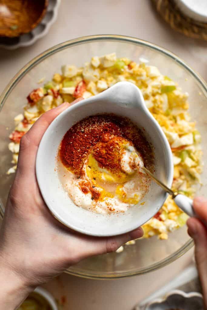 Deviled Egg Salad is the perfect spring side dish! It has the signature tang and smokiness of deviled eggs with the pillowy texture of egg salad. | aheadofthyme.com