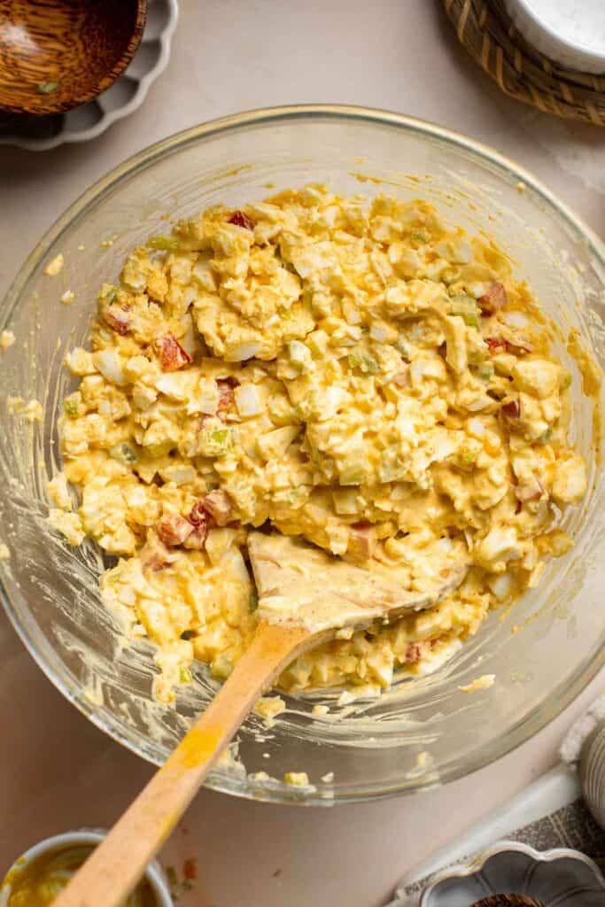 Deviled Egg Salad is the perfect spring side dish! It has the signature tang and smokiness of deviled eggs with the pillowy texture of egg salad. | aheadofthyme.com