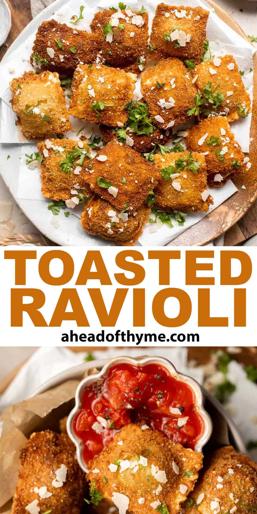 Toasted Ravioli is a classic Italian appetizer that is crispy and golden on the outside, and tender and gooey on the inside. Ready in less than 30 minutes! | aheadofthyme.com