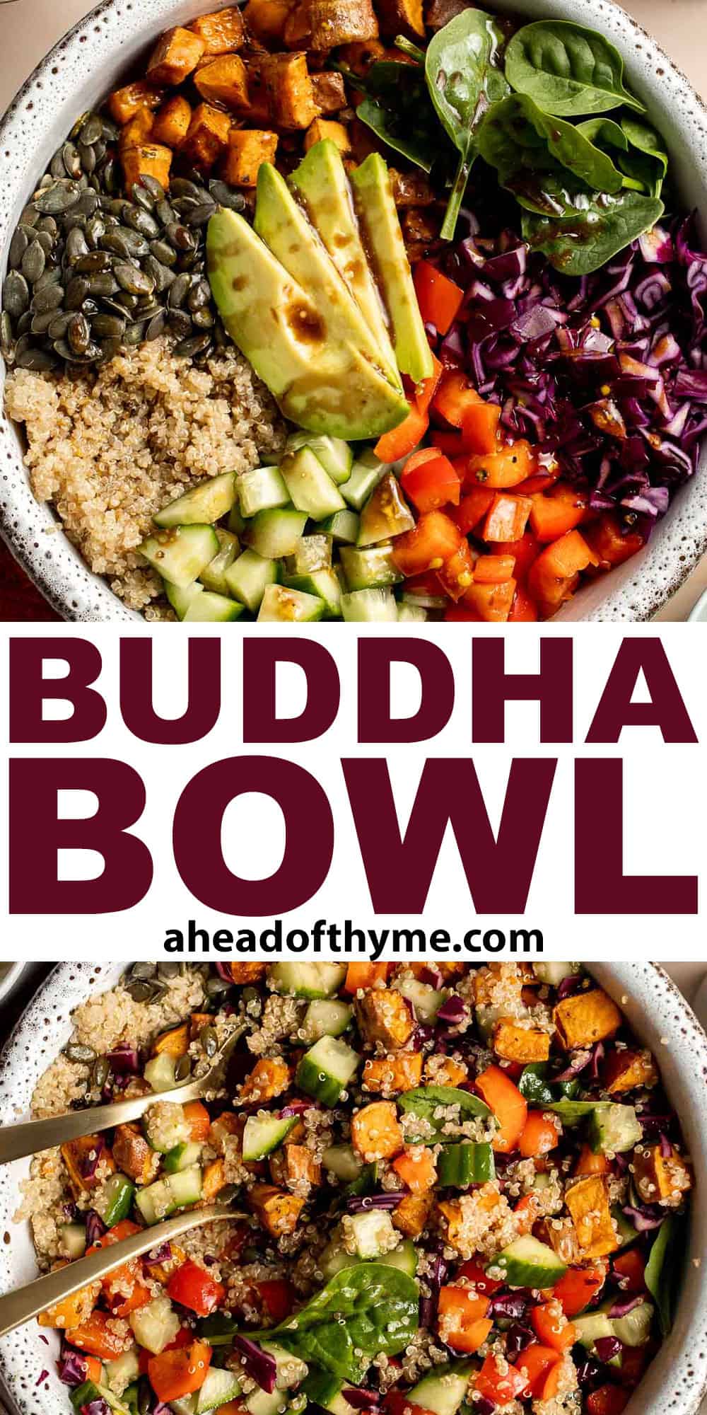 This vegan Buddha Bowl is the perfect hybrid of a salad and grain bowl that is packed with nutritious ingredients like grains, vegetables, and protein. | aheadofthyme.com