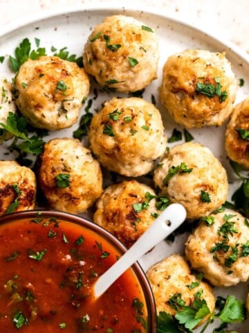 Baked Chicken Meatballs are tender, juicy, and flavorful (no dry meatballs here!). Made in just 45 minutes using simple ingredients. So quick and easy! | aheadofthyme.com