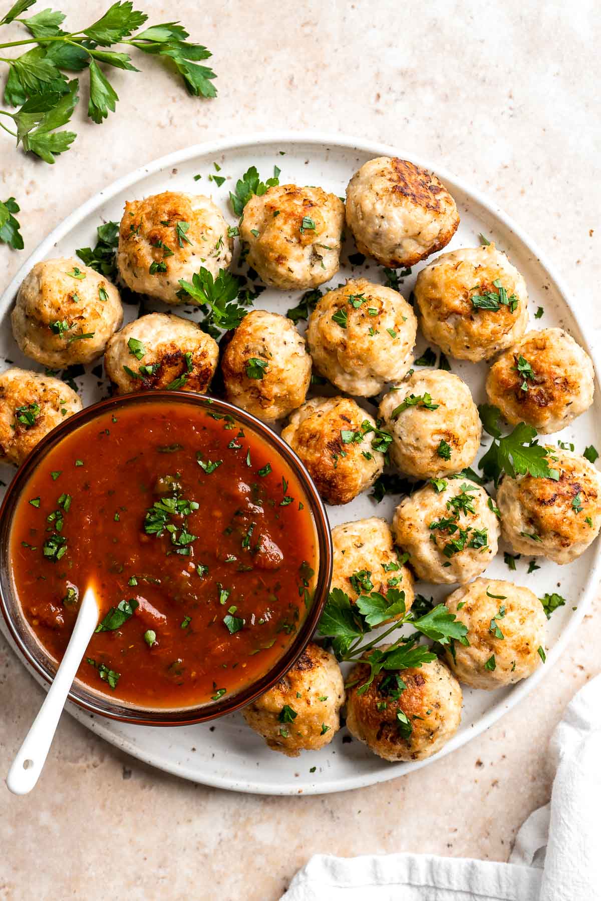 Baked Chicken Meatballs are tender, juicy, and flavorful (no dry meatballs here!). Made in just 45 minutes using simple ingredients. So quick and easy! | aheadofthyme.com