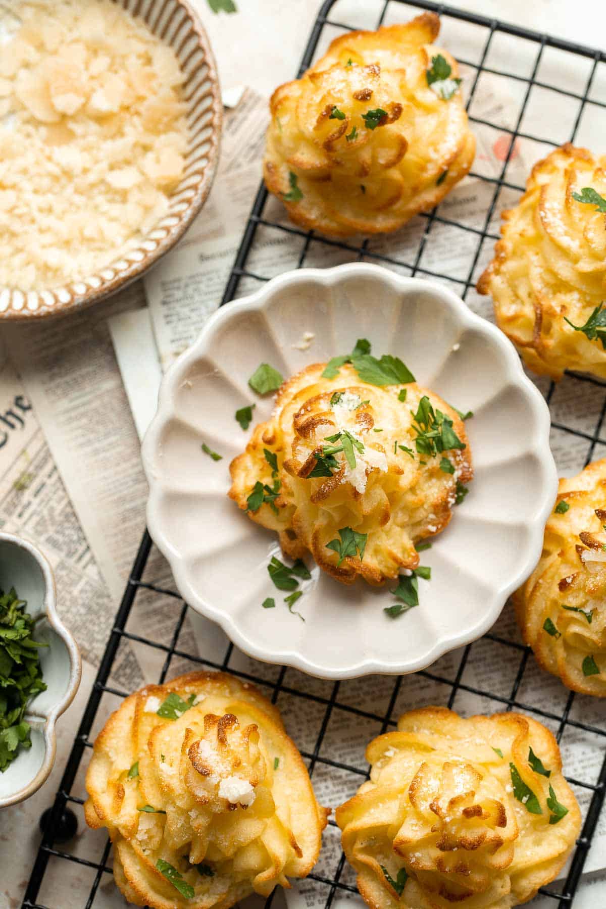 Duchess Potatoes (Pommes Duchesse) are rich, creamy whipped bites of potatoes with crispy edges and a soft fluffy mashed potato centre. A fancy side dish! | aheadofthyme.com