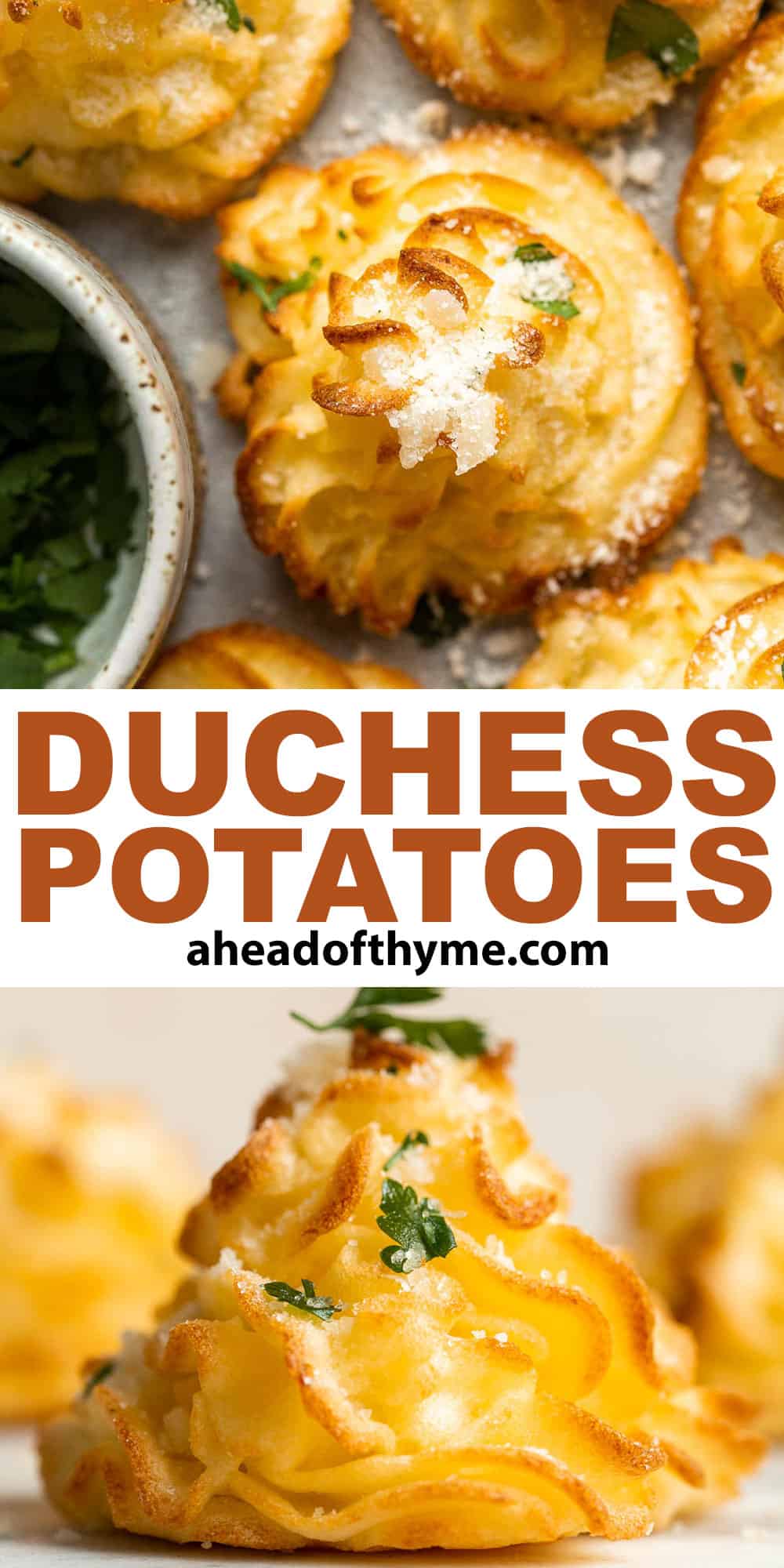 Duchess Potatoes (Pommes Duchesse) are rich, creamy whipped bites of potatoes with crispy edges and a soft fluffy mashed potato centre. A fancy side dish! | aheadofthyme.com