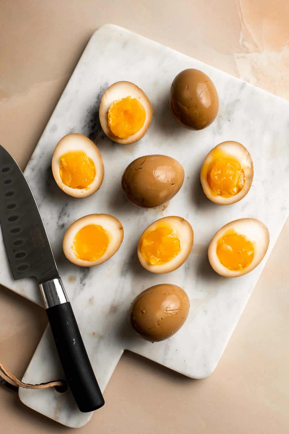 Soy Sauce Eggs (Ramen Eggs) are umami with a firm white and jammy center. The salty, savory flavor is easy to make with a simple 4-ingredient marinade. | aheadofthyme.com