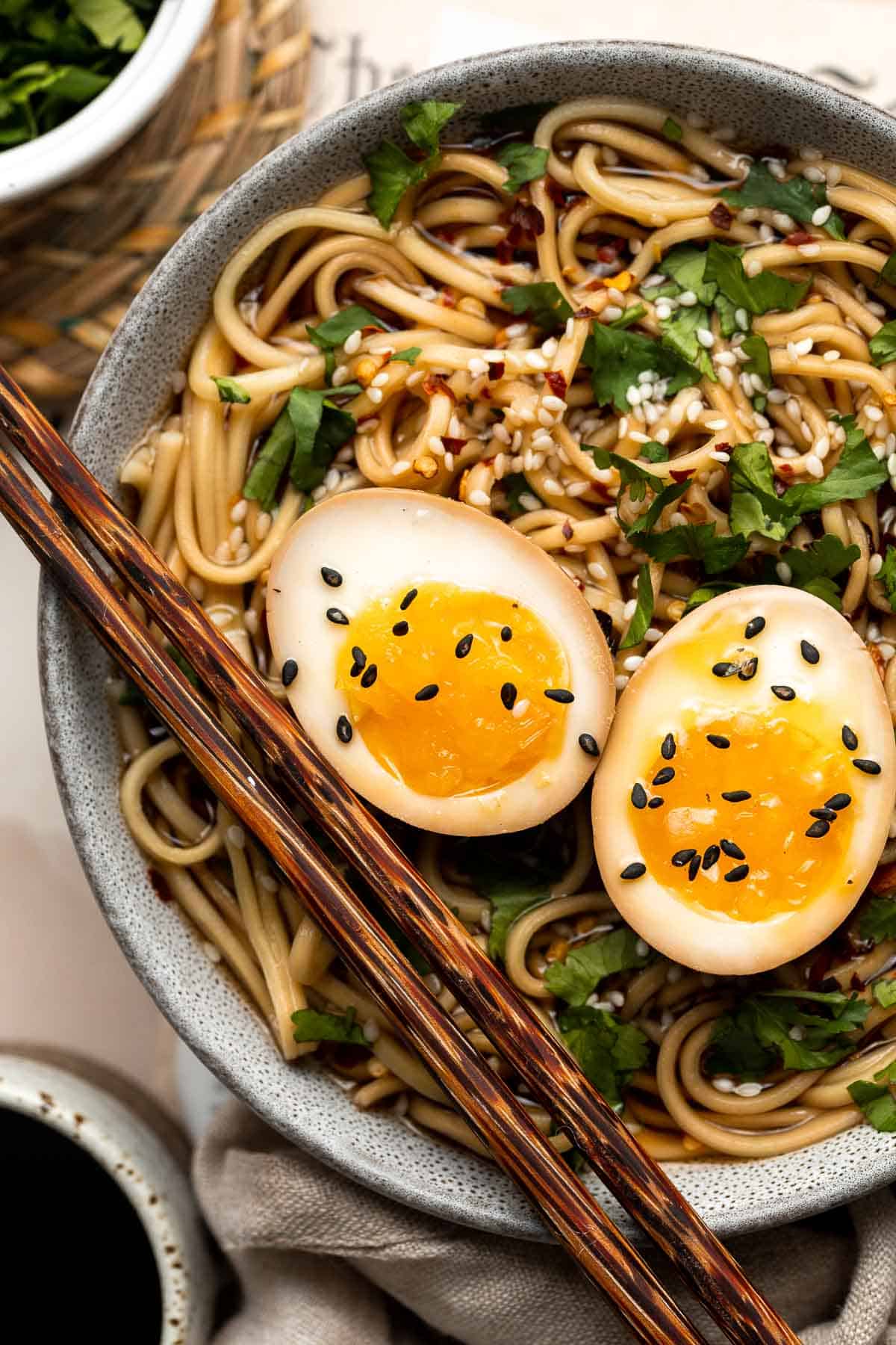 Soy Sauce Eggs (Ramen Eggs) are umami with a firm white and jammy center. The salty, savory flavor is easy to make with a simple 4-ingredient marinade. | aheadofthyme.com