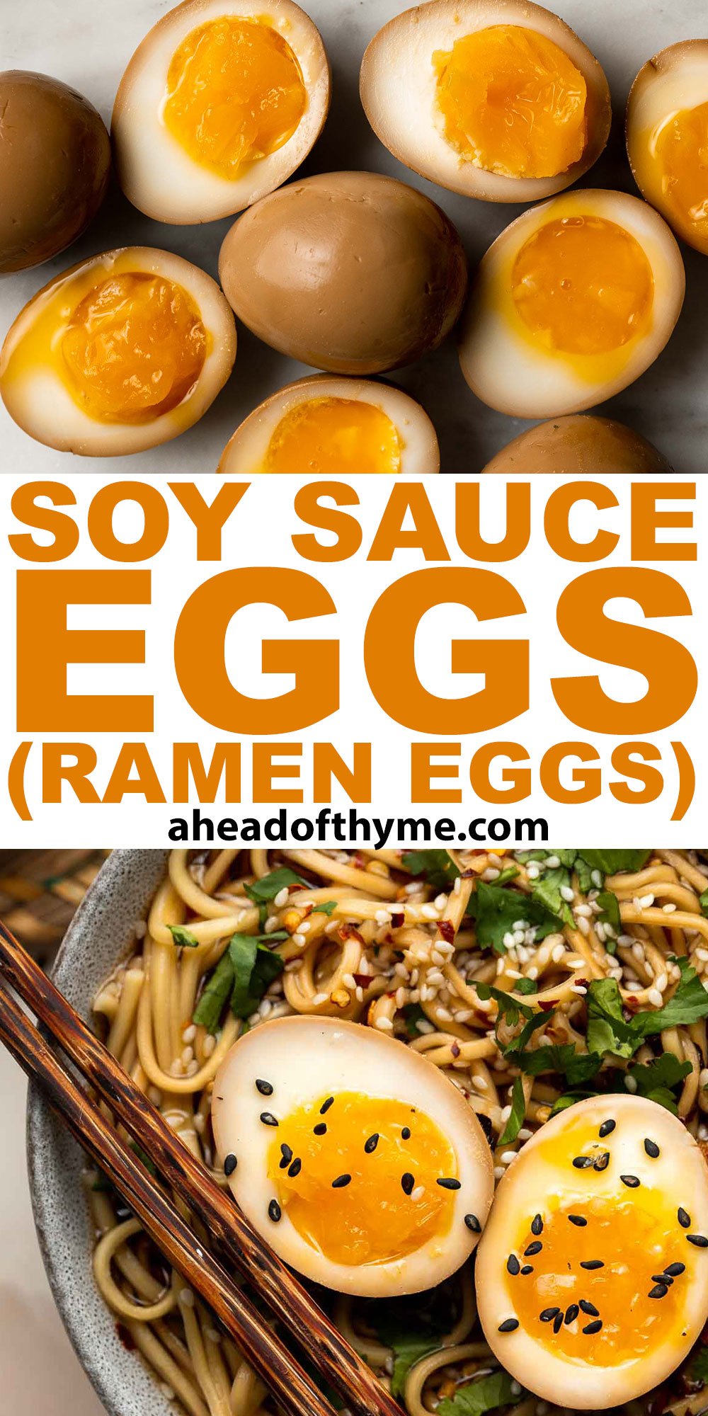 Soy Sauce Eggs (Ramen Eggs) are umami with a firm white and jammy center. The salty, savory flavor is easy to make with a simple 4-ingredient marinade. | aheadofthyme.com