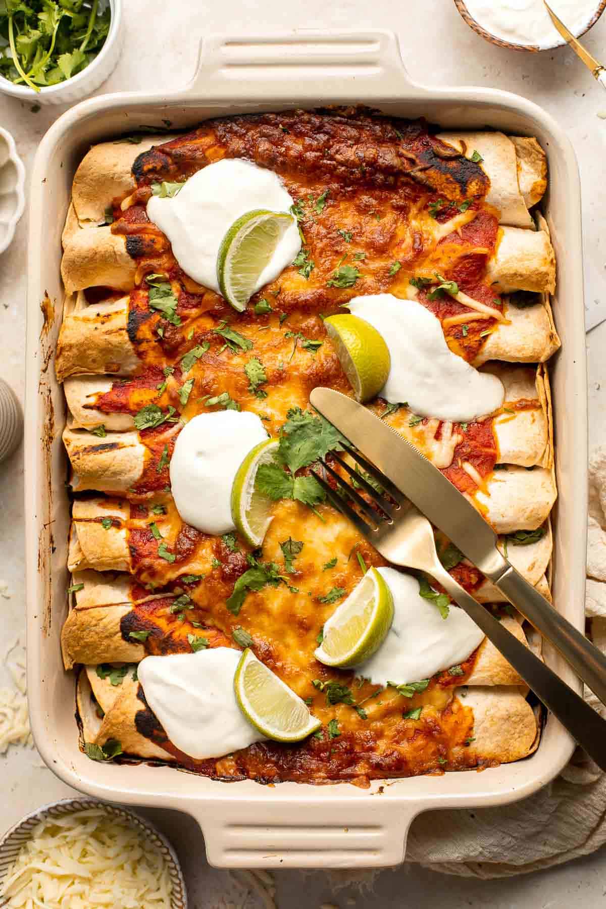 Vegetarian Enchiladas are packed with hearty and nutritious vegetables, well-seasoned with spices and saucy enchilada sauce, and topped with melty cheese. | aheadofthyme.com