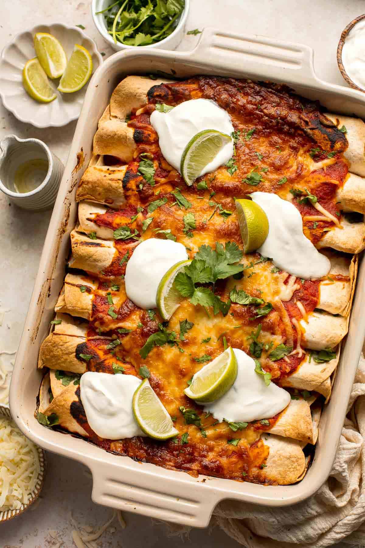 Vegetarian Enchiladas are packed with hearty and nutritious vegetables, well-seasoned with spices and saucy enchilada sauce, and topped with melty cheese. | aheadofthyme.com