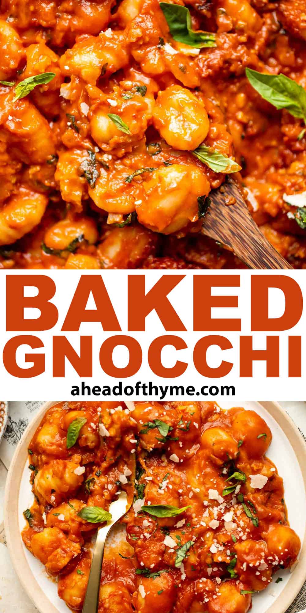 Cheesy Baked Gnocchi is quick and easy comfort food made all in one pot with chewy bites of gnocchi, a simple tomato-based sauce, and gooey melty cheese. | aheadofthyme.com